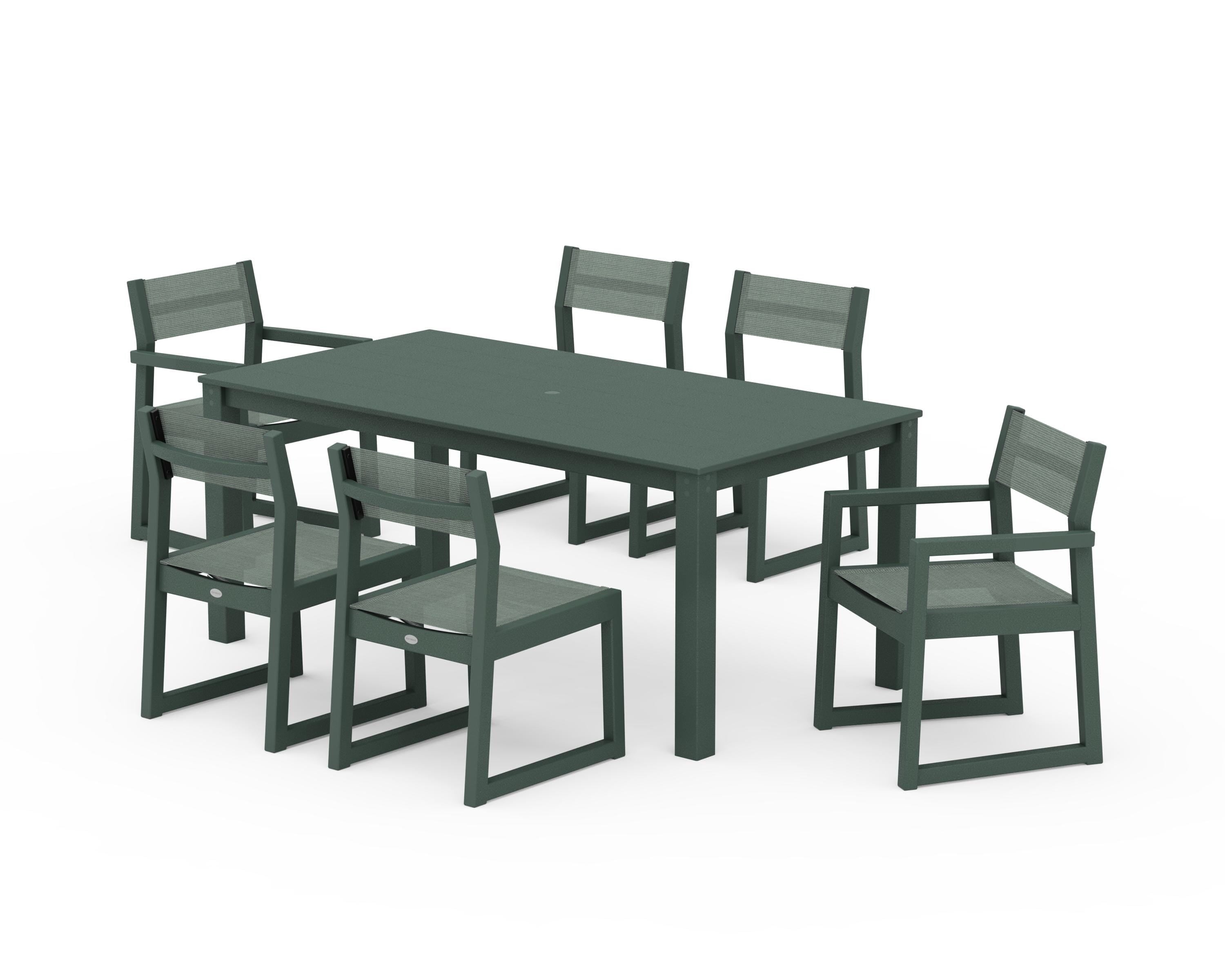 POLYWOOD EDGE Sling 7-Piece Parsons Dining Set in Green / Dupioni Sea Mist Sling