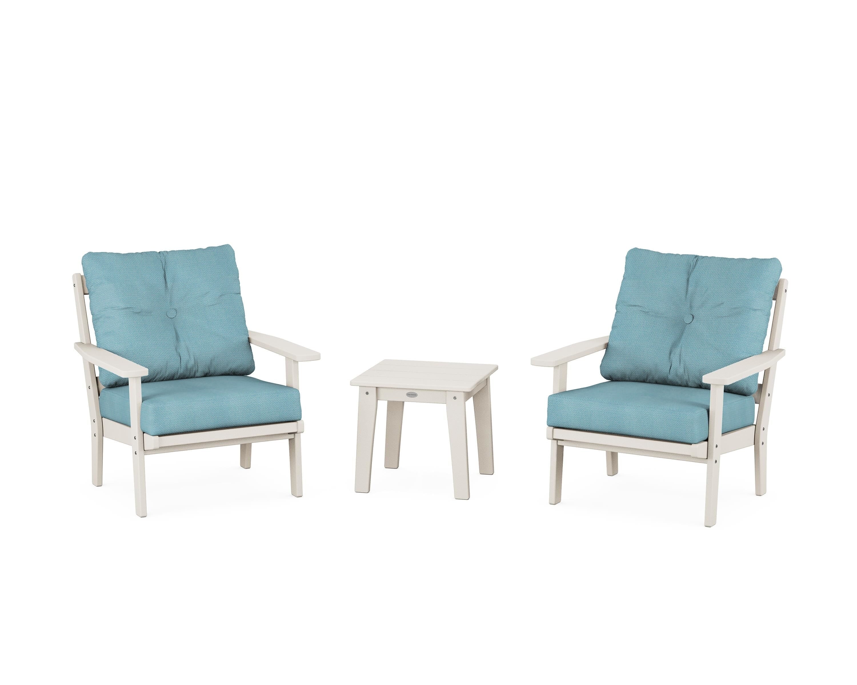 POLYWOOD Oxford 3-Piece Deep Seating Set in Sand / Lattice Sky Blue