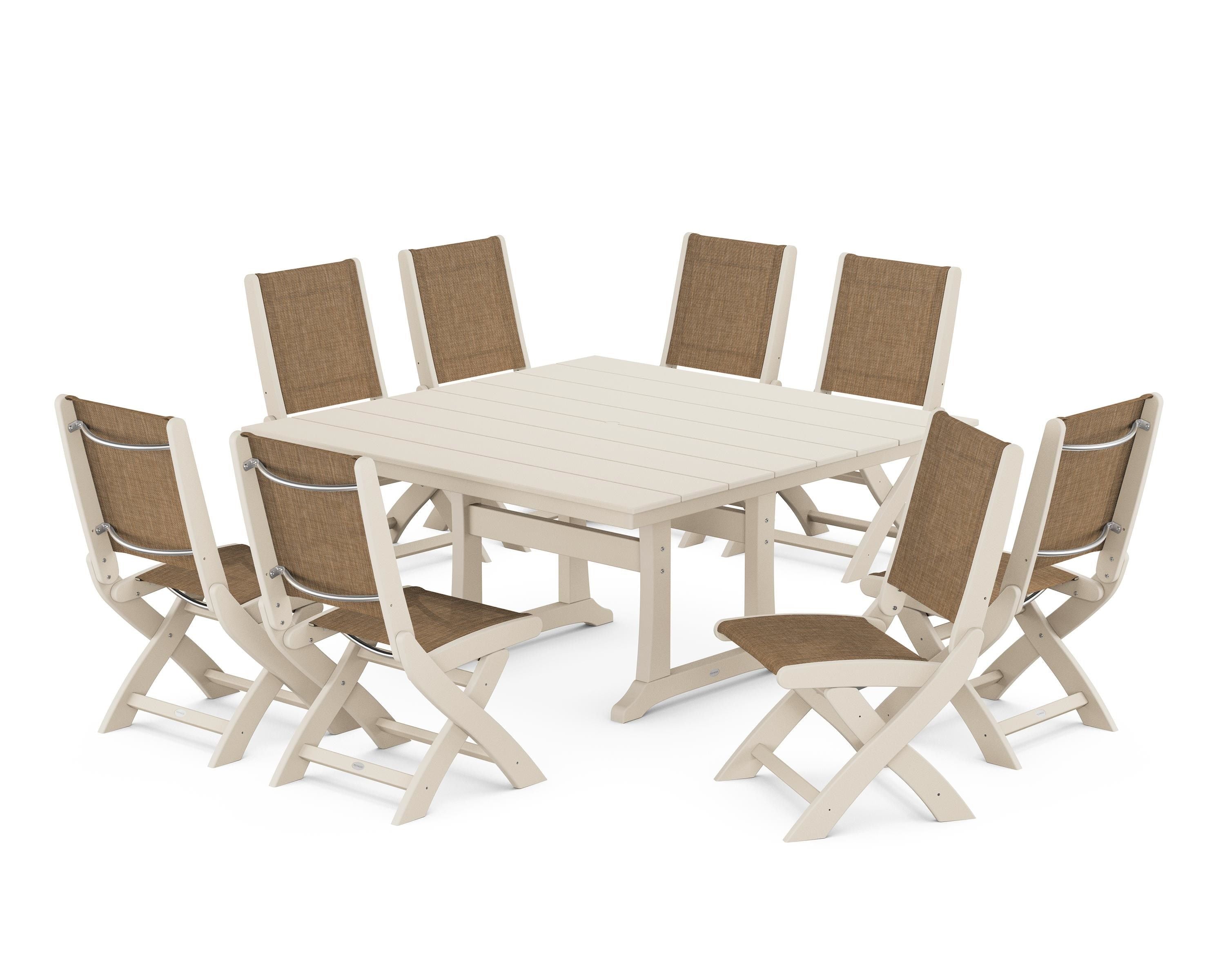POLYWOOD Coastal Folding Side Chair 9-Piece Farmhouse Dining Set in Sand / Burlap Sling