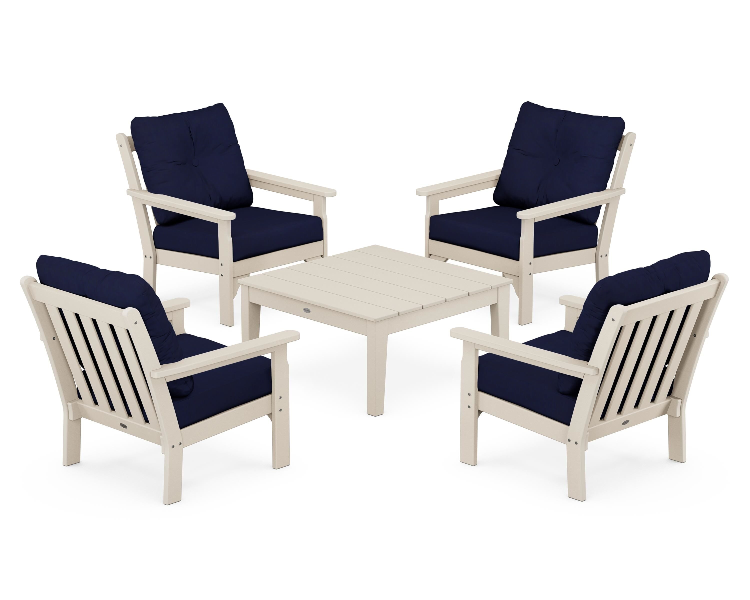 POLYWOOD Vineyard 5-Piece Deep Seating Conversation Set in Sand / Navy