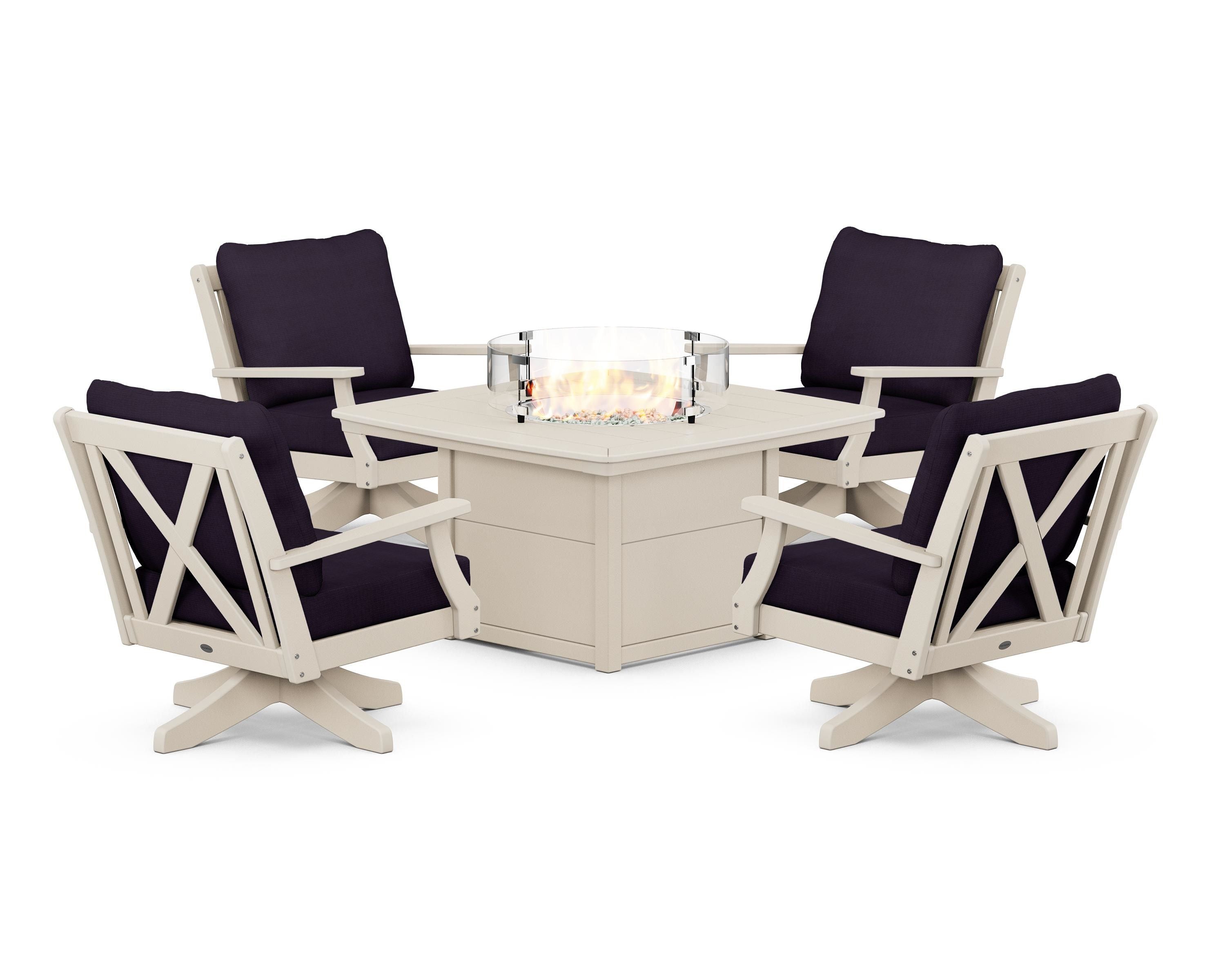 POLYWOOD Braxton 5-Piece Deep Seating Swivel Conversation Set with Fire Pit Table in Sand / Navy Linen