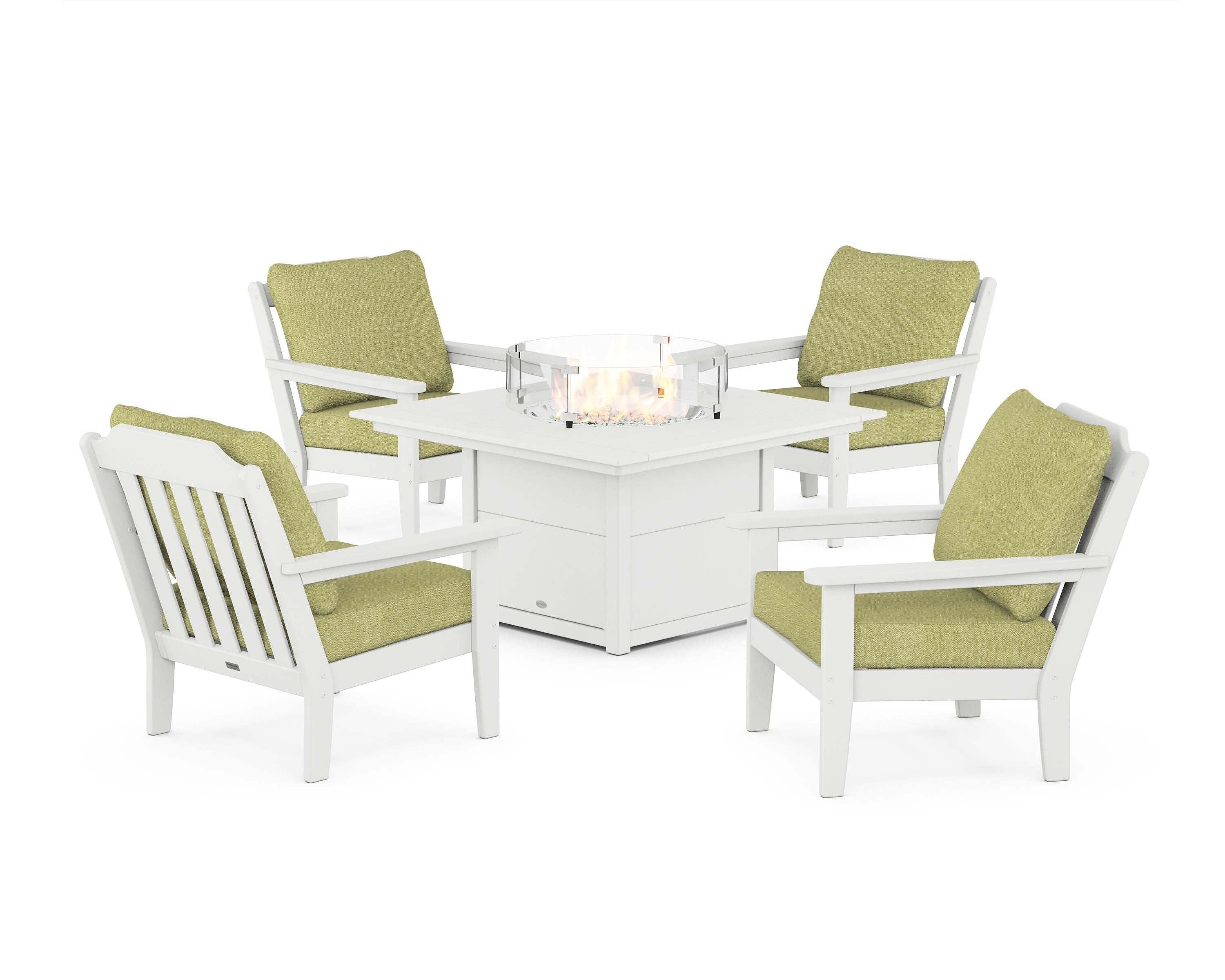 Country Living Cottage 5-Piece Deep Seating Set with Fire Pit Table in White / Chartreuse Boucle