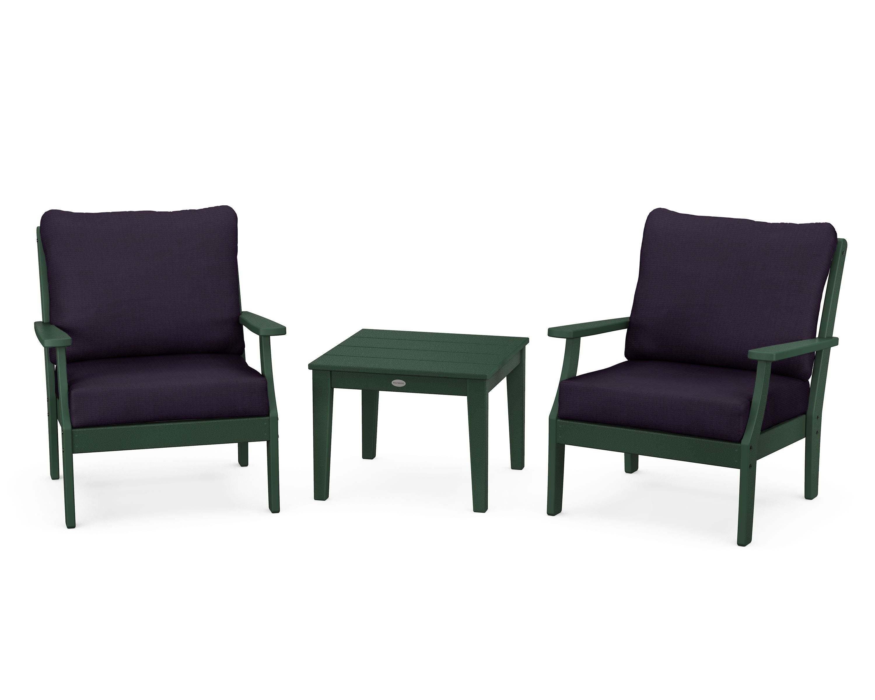 POLYWOOD Braxton 3-Piece Deep Seating Set in Green / Navy Linen
