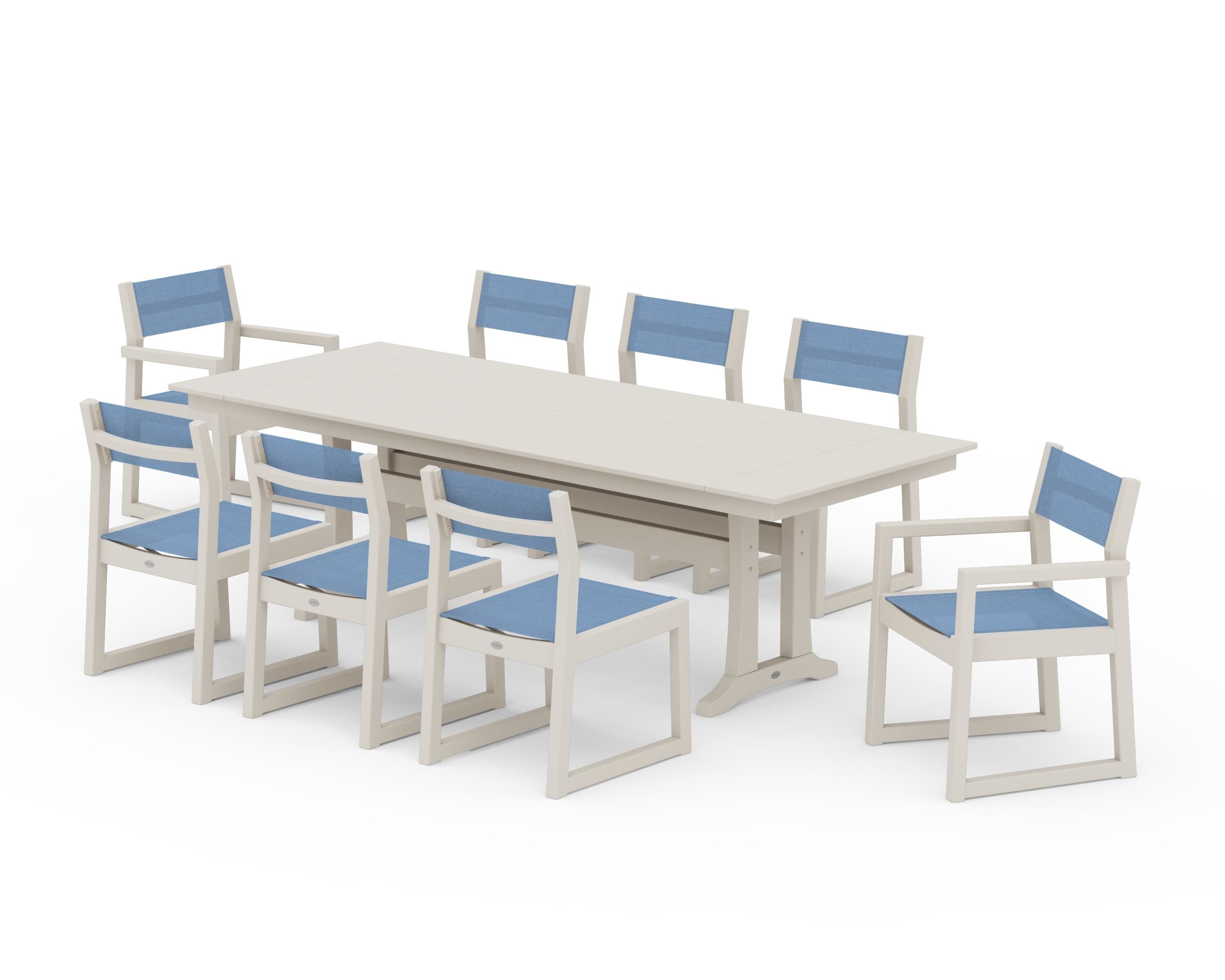 POLYWOOD EDGE Sling 9-Piece Farmhouse Trestle Dining Set in Sand / Poolside Sling