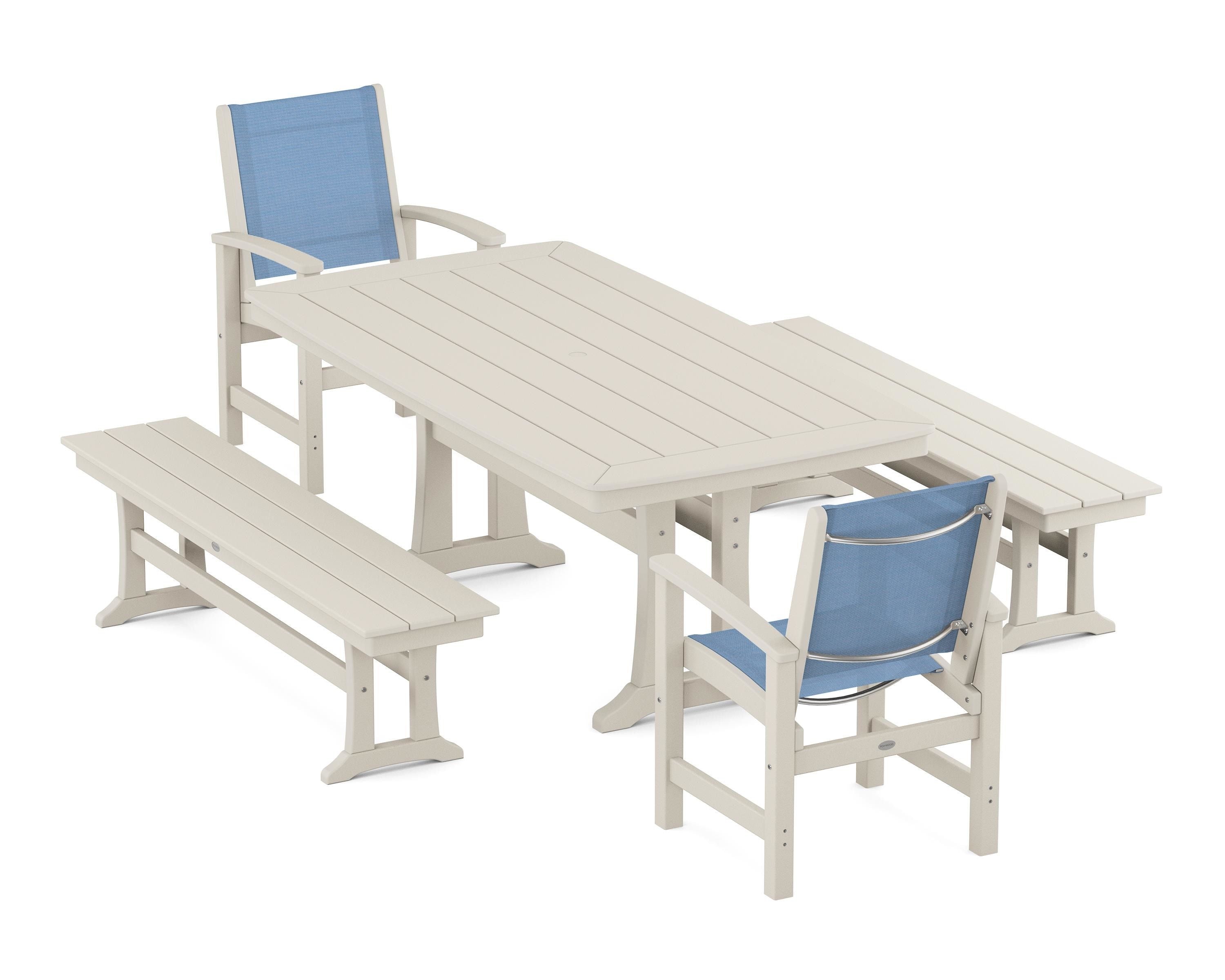 POLYWOOD Coastal 5-Piece Dining Set with Trestle Legs and Benches in Sand / Poolside Sling