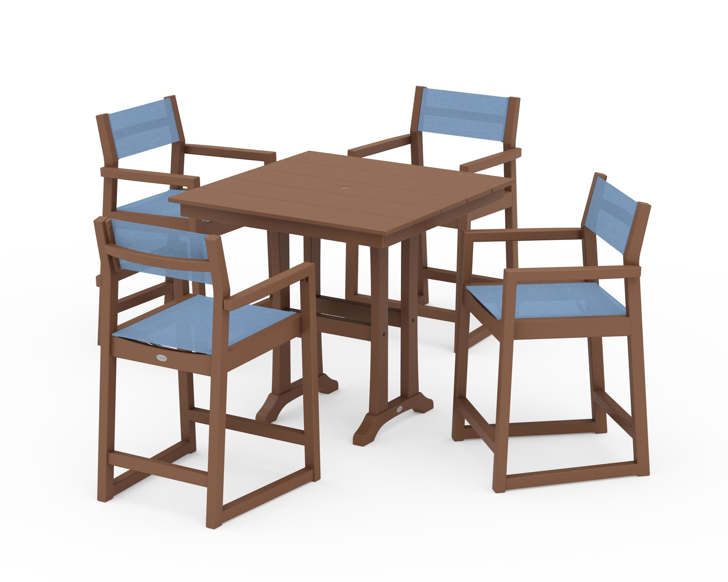 POLYWOOD EDGE Sling Arm Chair 5-Piece Farmhouse Counter Set with Trestle Legs in Teak / Poolside Sling