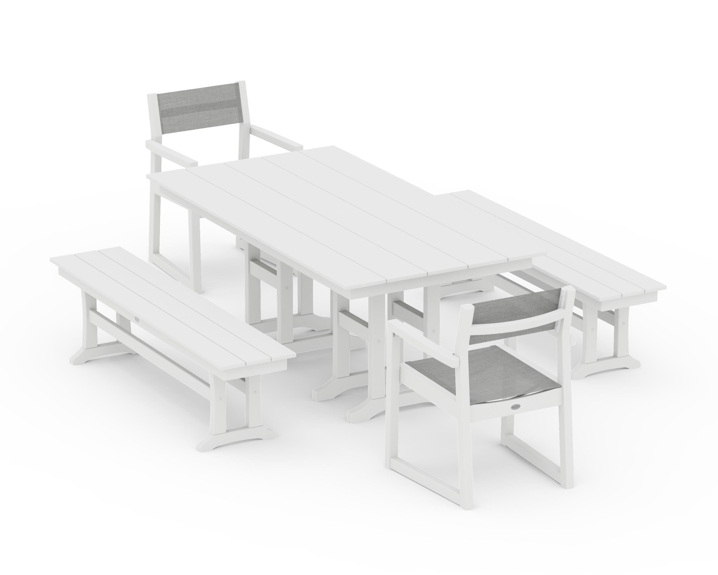 POLYWOOD EDGE Sling Arm Chair 5-Piece Farmhouse Dining Set with Benches in White / Metallic Sling
