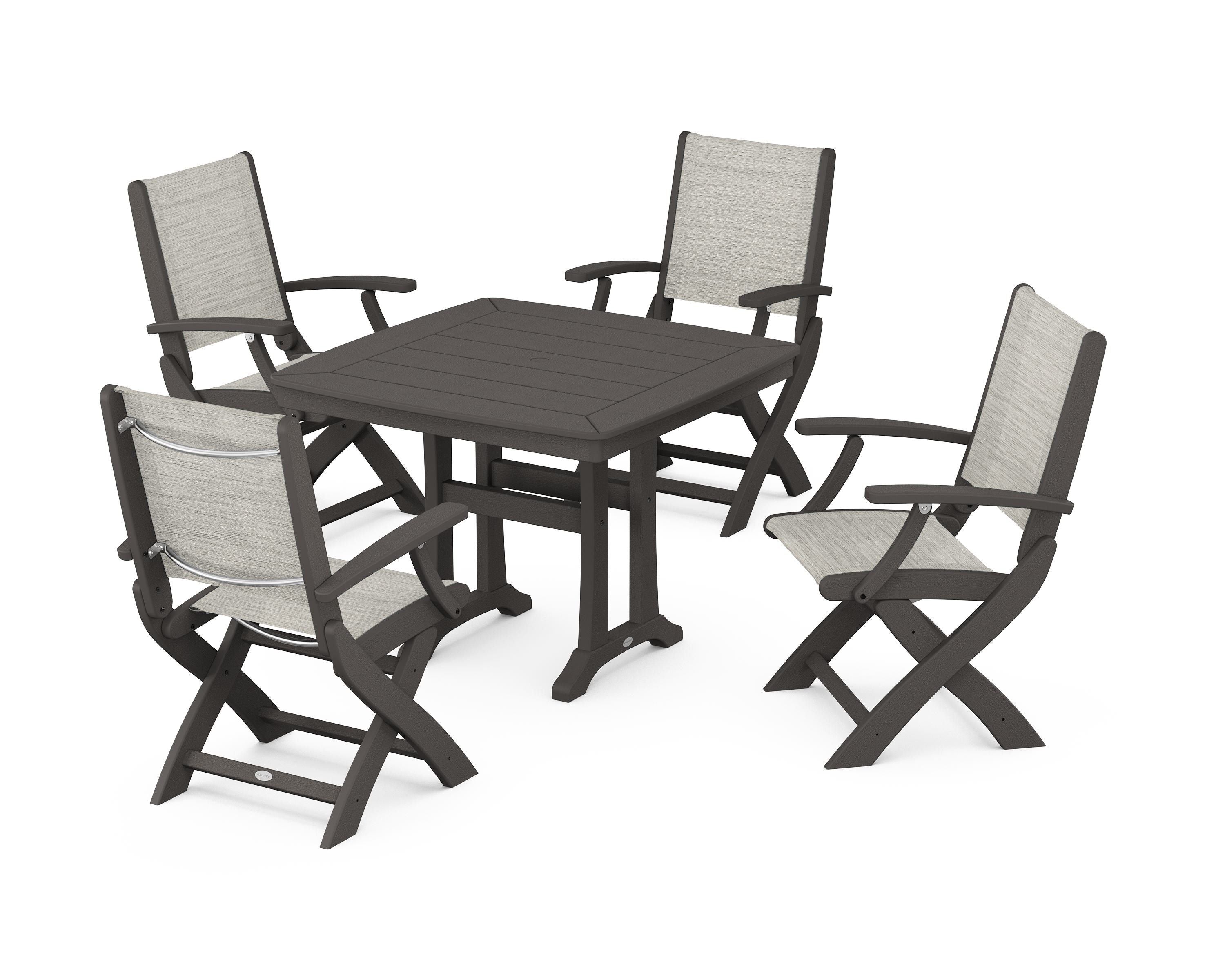 POLYWOOD Coastal Folding Chair 5-Piece Dining Set with Trestle Legs in Vintage Coffee / Birch Sling