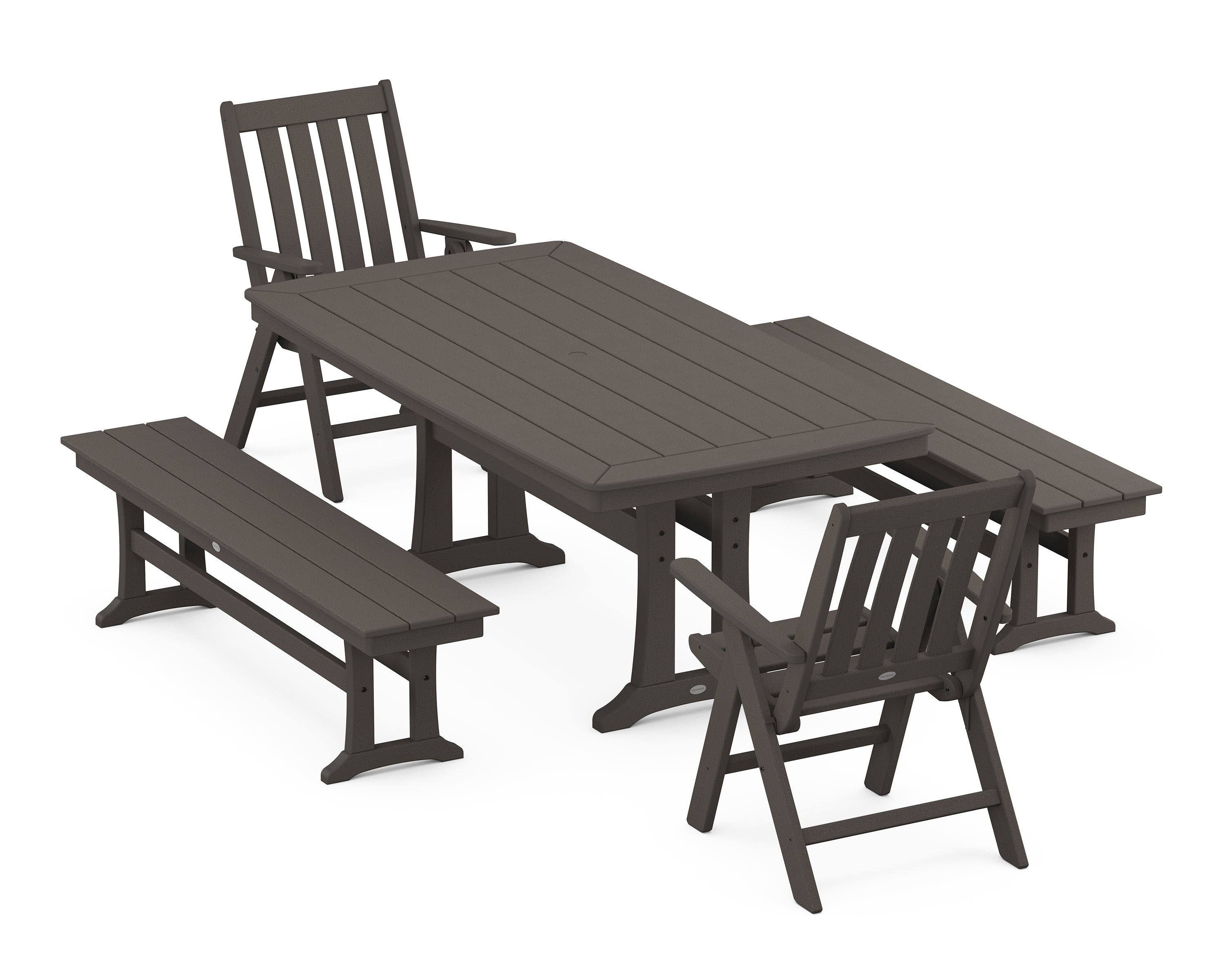 POLYWOOD Vineyard Folding Chair 5-Piece Dining Set with Trestle Legs and Benches in Vintage Coffee