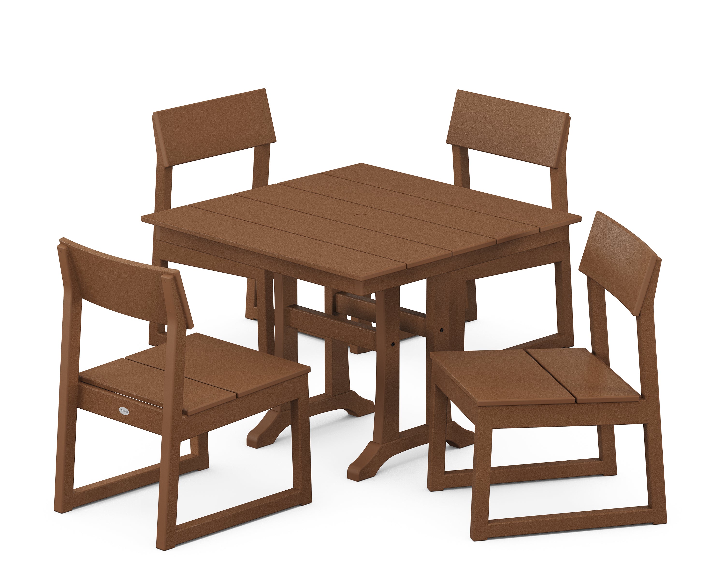 POLYWOOD EDGE 5-Piece Farmhouse Trestle Side Chair Dining Set in Teak
