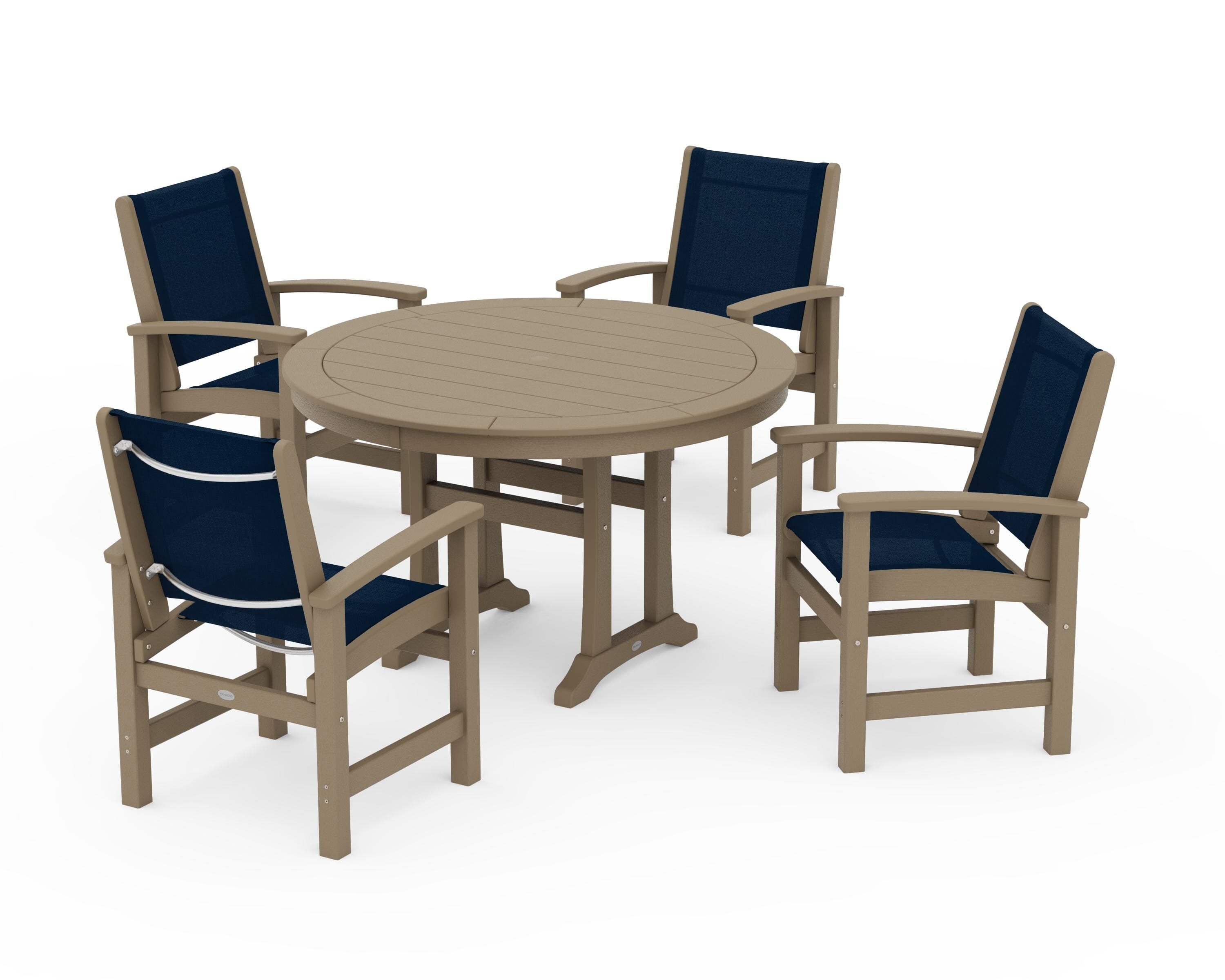 POLYWOOD Coastal 5-Piece Round Dining Set with Trestle Legs in Vintage Sahara / Navy Blue Sling