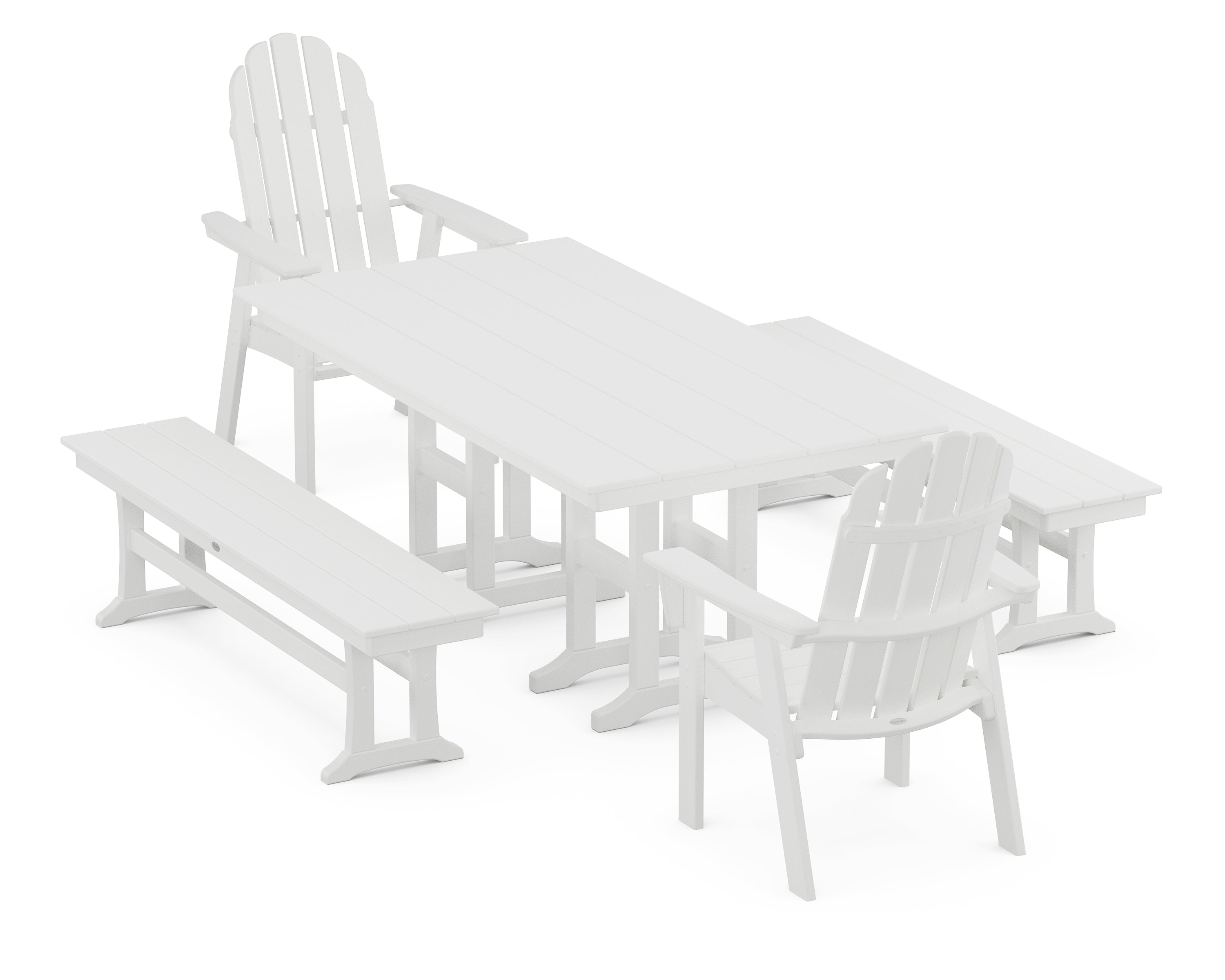POLYWOOD Vineyard Curveback Adirondack 5-Piece Farmhouse Dining Set with Benches in White