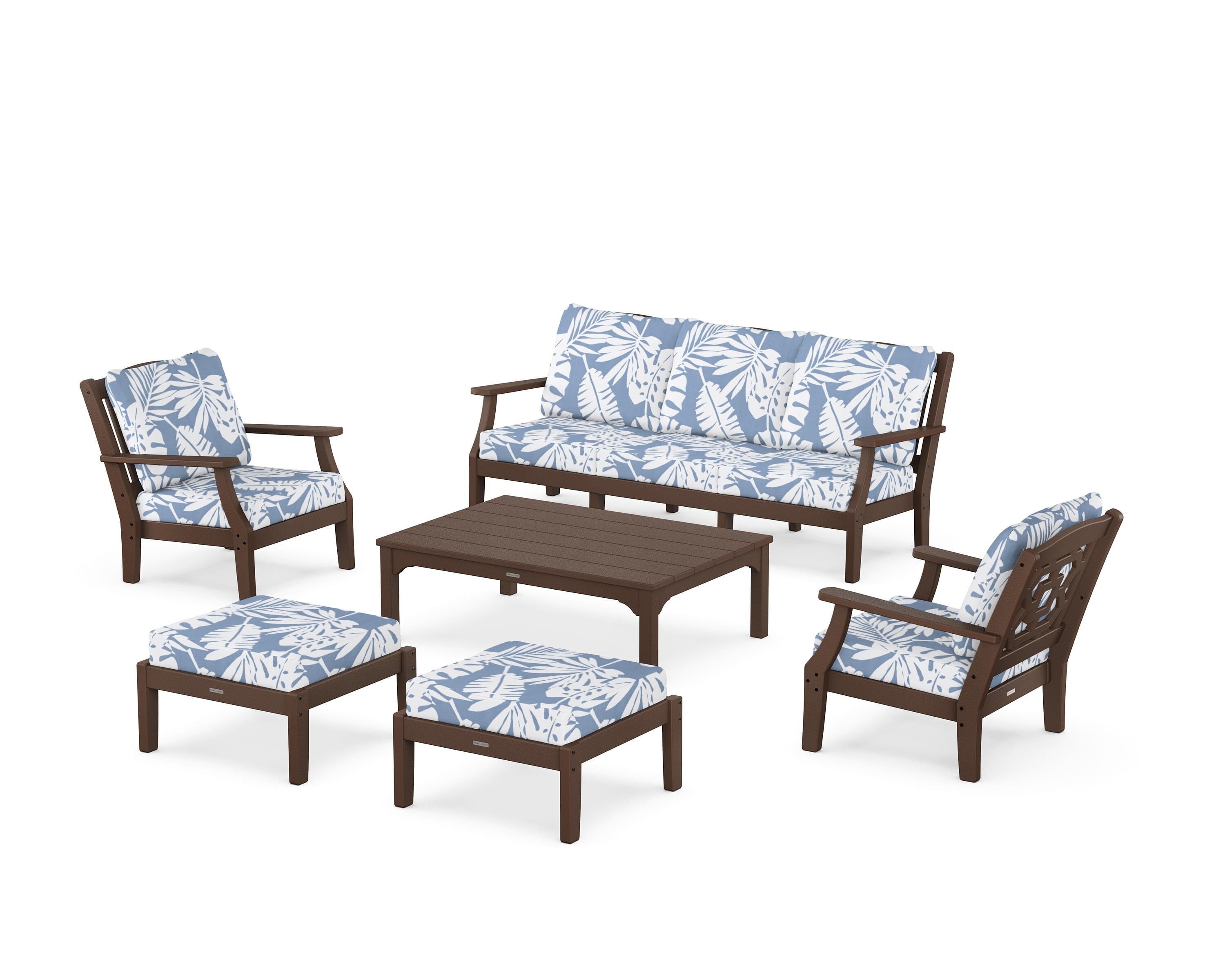 Martha Stewart by POLYWOOD Chinoiserie 6-Piece Lounge Sofa Set in Mahogany / Leaf Sky Blue