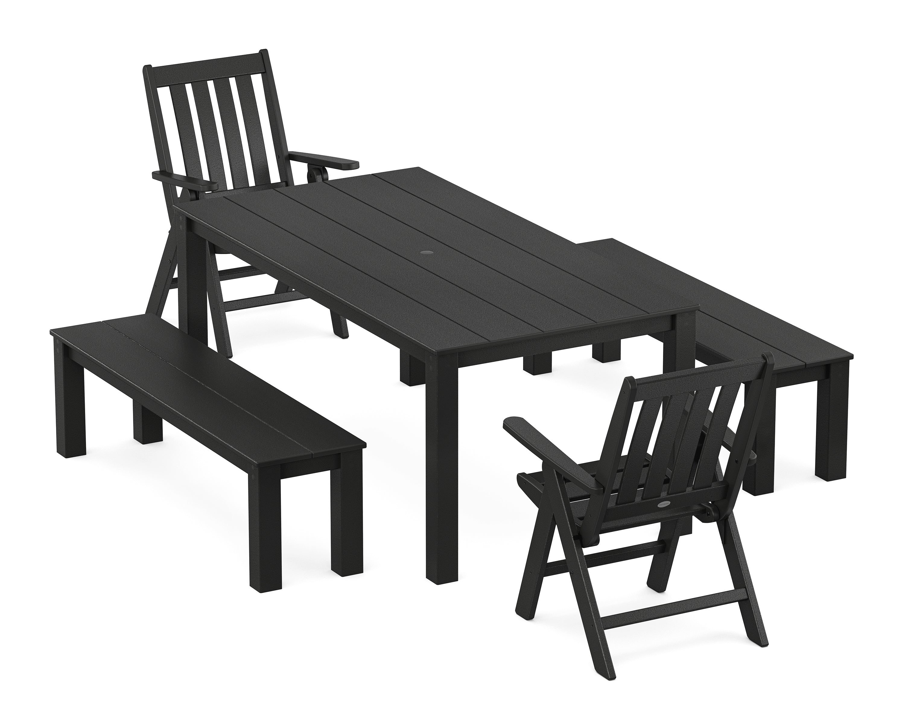 POLYWOOD Vineyard Folding Chair 5-Piece Parsons Dining Set with Benches in Black