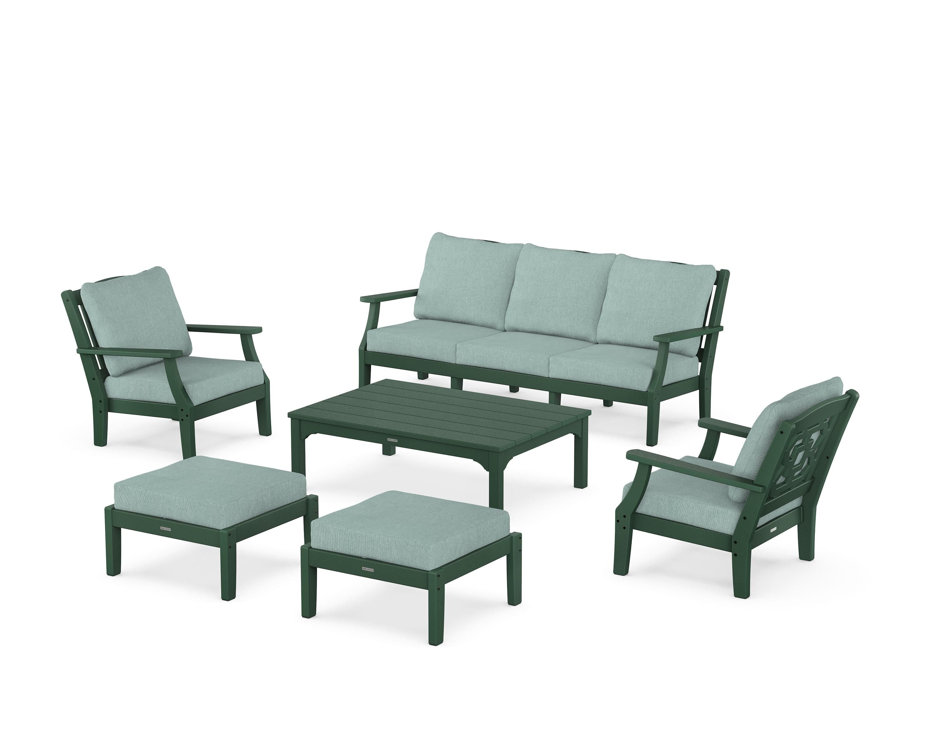 Martha Stewart by POLYWOOD Chinoiserie 6-Piece Lounge Sofa Set in Green / Glacier Spa