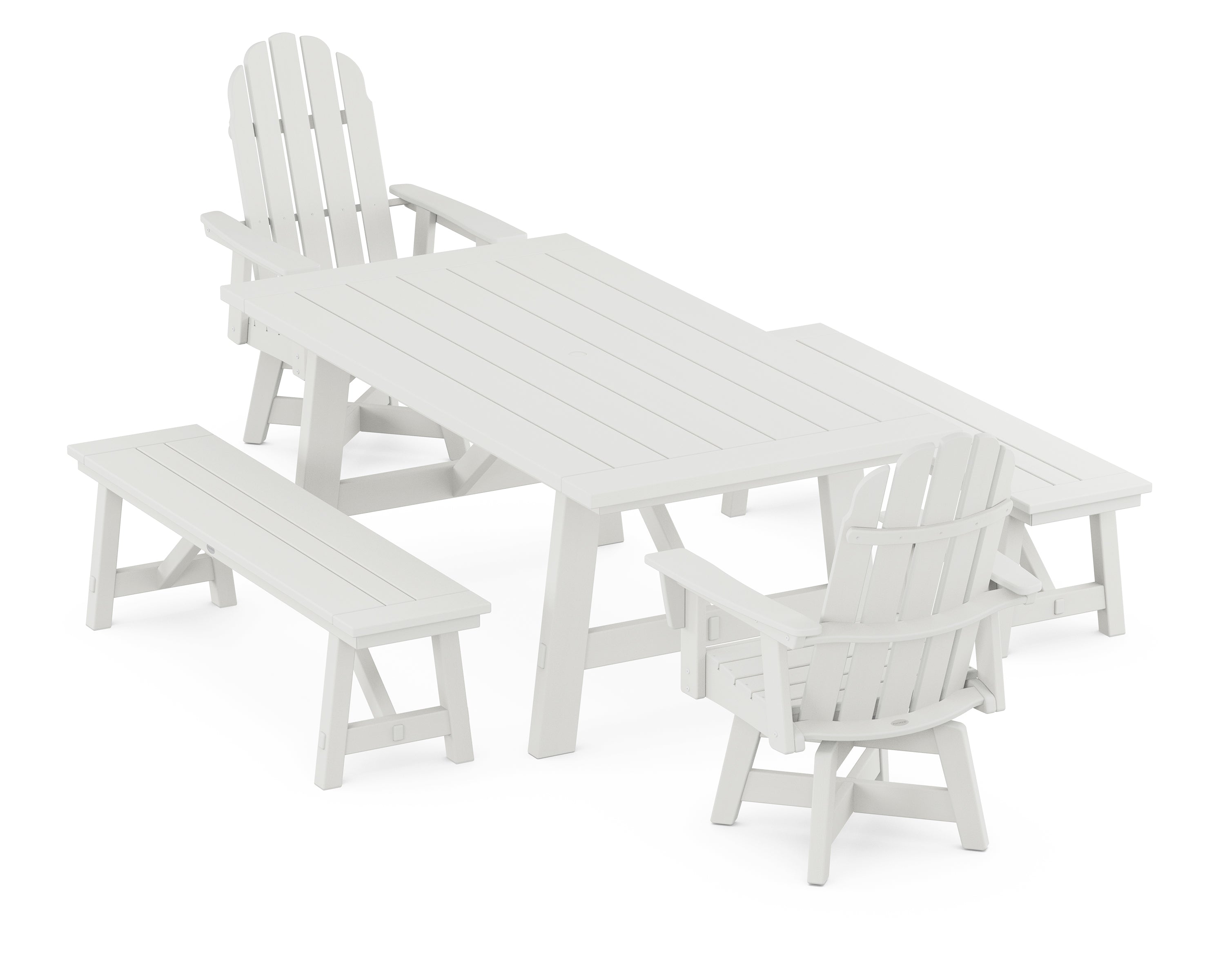 POLYWOOD® VineyardCurveback Adirondack Swivel Chair 5-Piece Rustic Farmhouse Dining Set With Benches in Vintage White