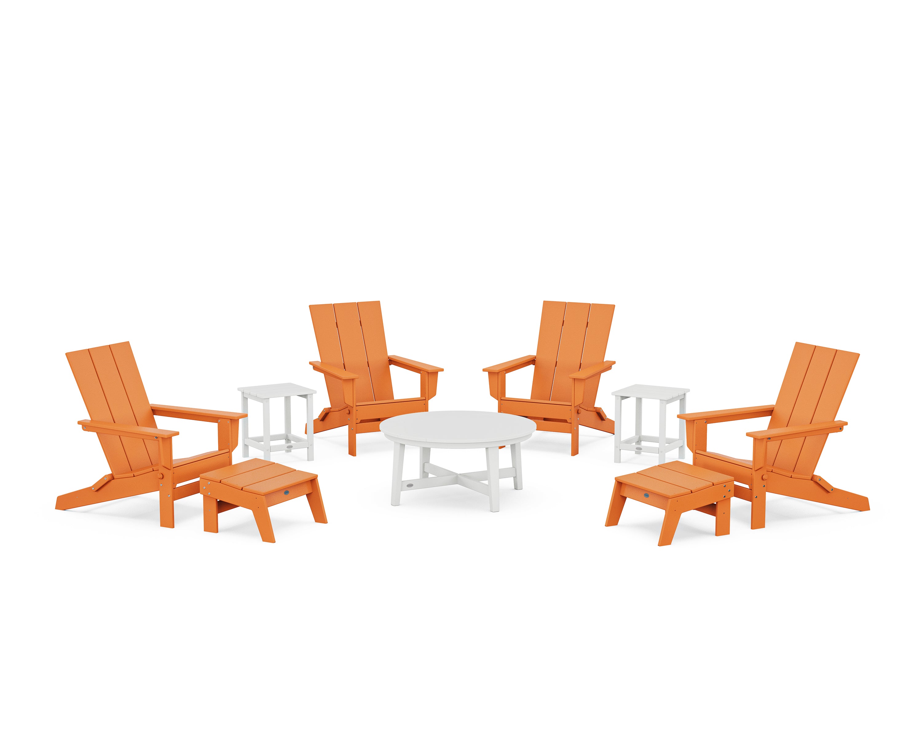 POLYWOOD® Modern Studio Folding Adirondack 9-Piece Conversation Set in Tangerine / White