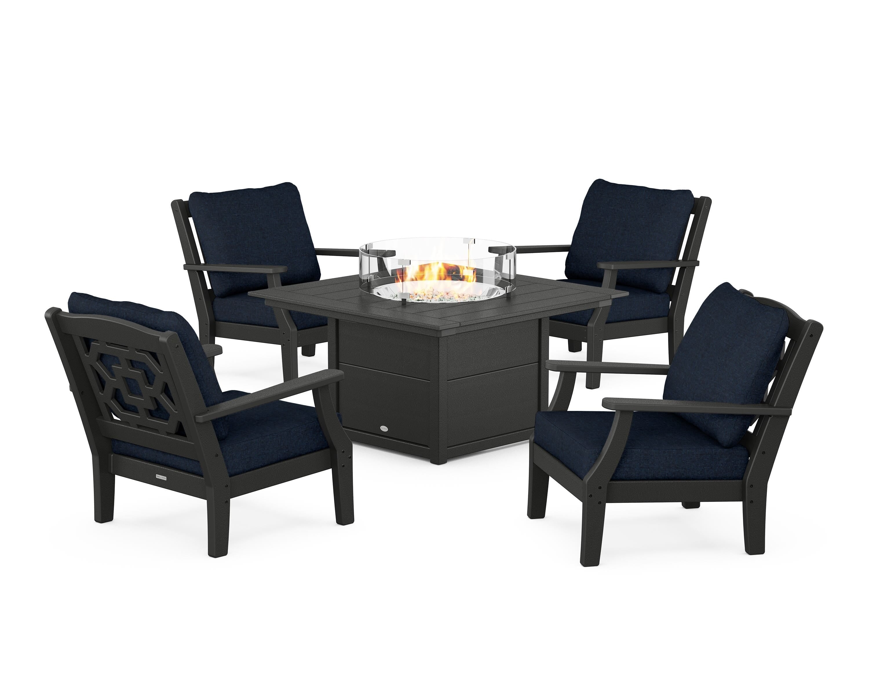 Martha Stewart by POLYWOOD Chinoiserie 5-Piece Deep Seating Set with Fire Pit Table in Black / Marine Indigo