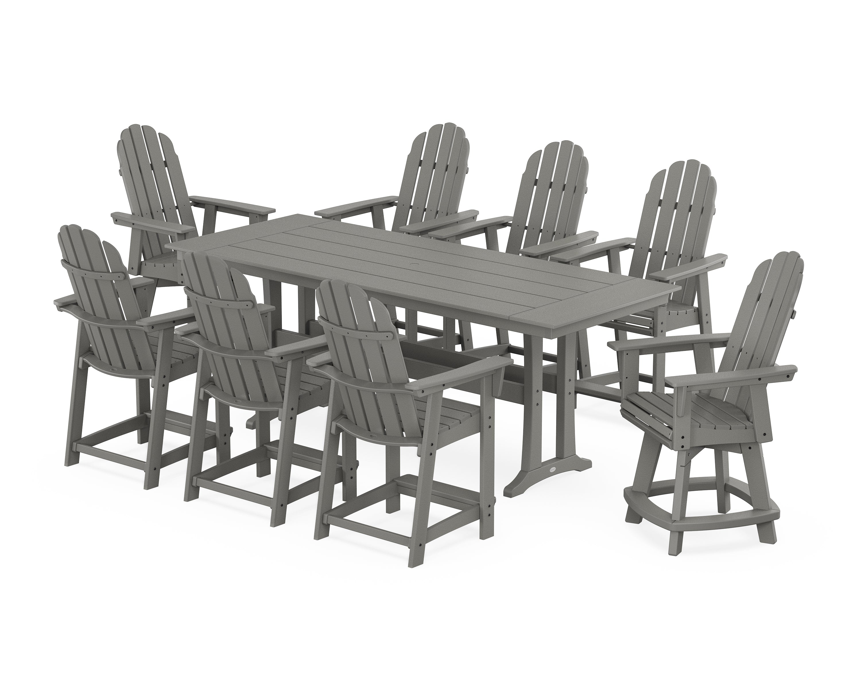 POLYWOOD Vineyard Curveback Adirondack Swivel 9-Piece Farmhouse Counter Set with Trestle Legs in Slate Grey