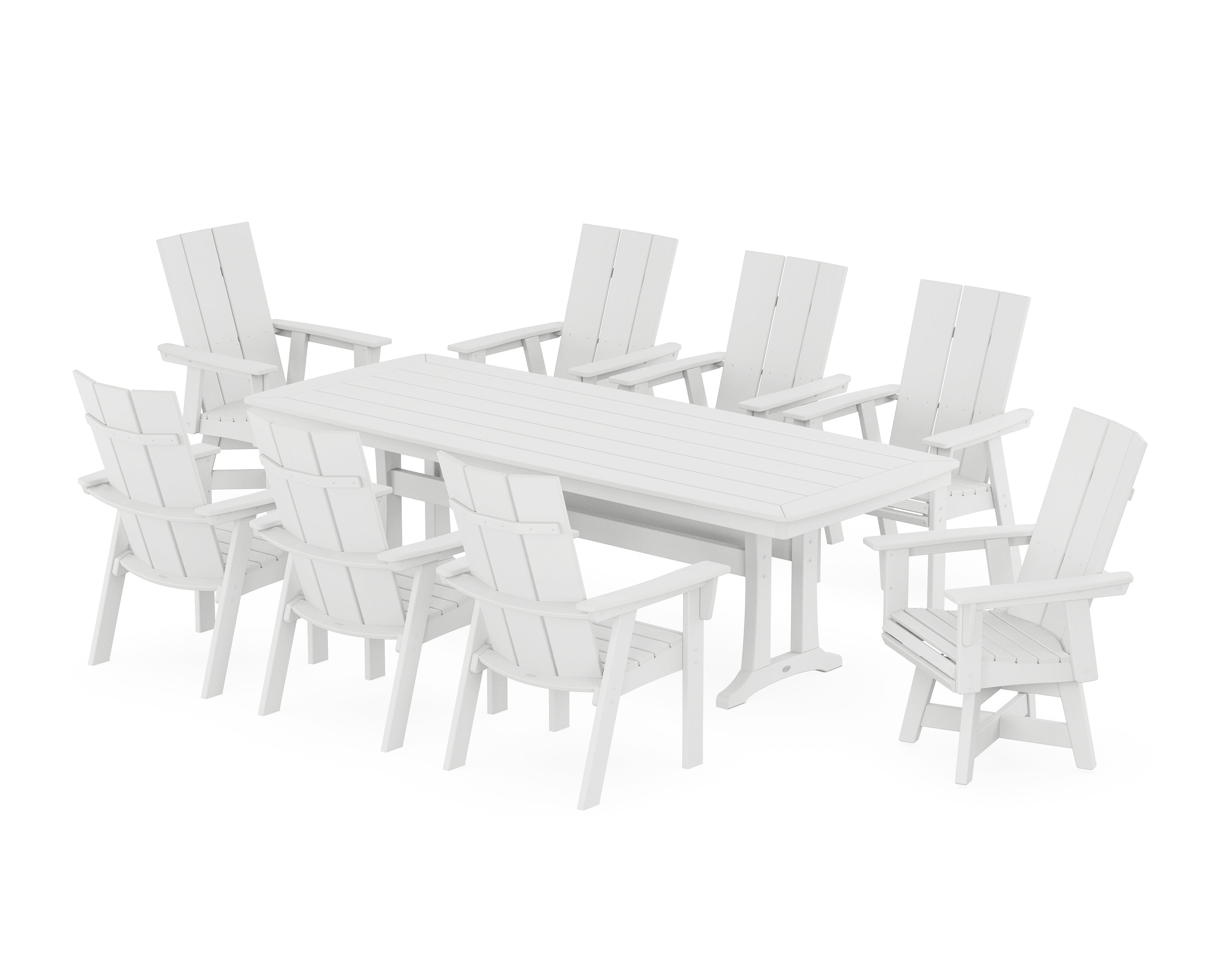 POLYWOOD Modern Curveback Adirondack Swivel 9-Piece Dining Set with Trestle Legs in White