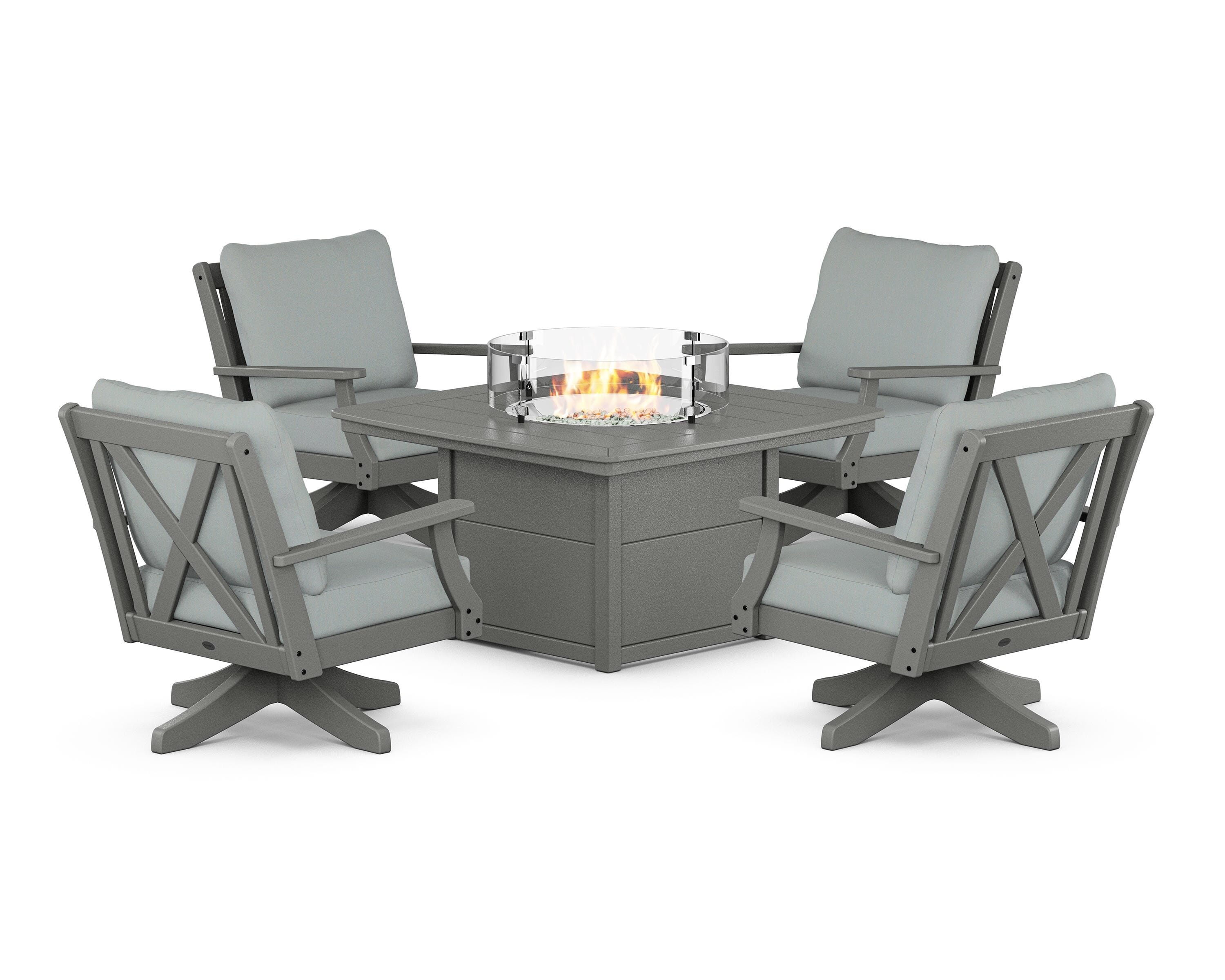 POLYWOOD Braxton 5-Piece Deep Seating Swivel Conversation Set with Fire Pit Table in Slate Grey / Spa