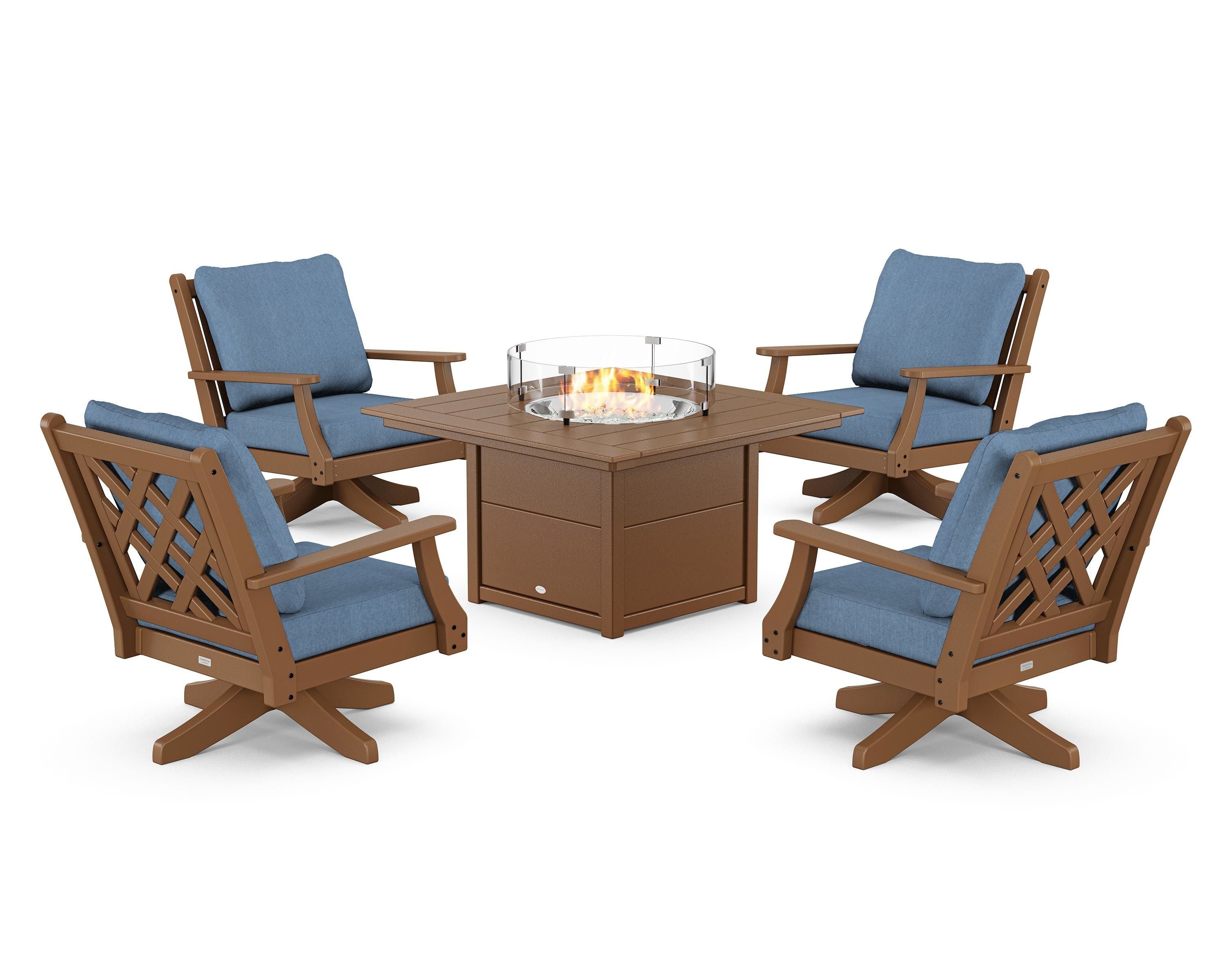 Country Living Wovendale 5-Piece Deep Seating Swivel Conversation Set with Fire Pit Table in Teak / Sky Blue