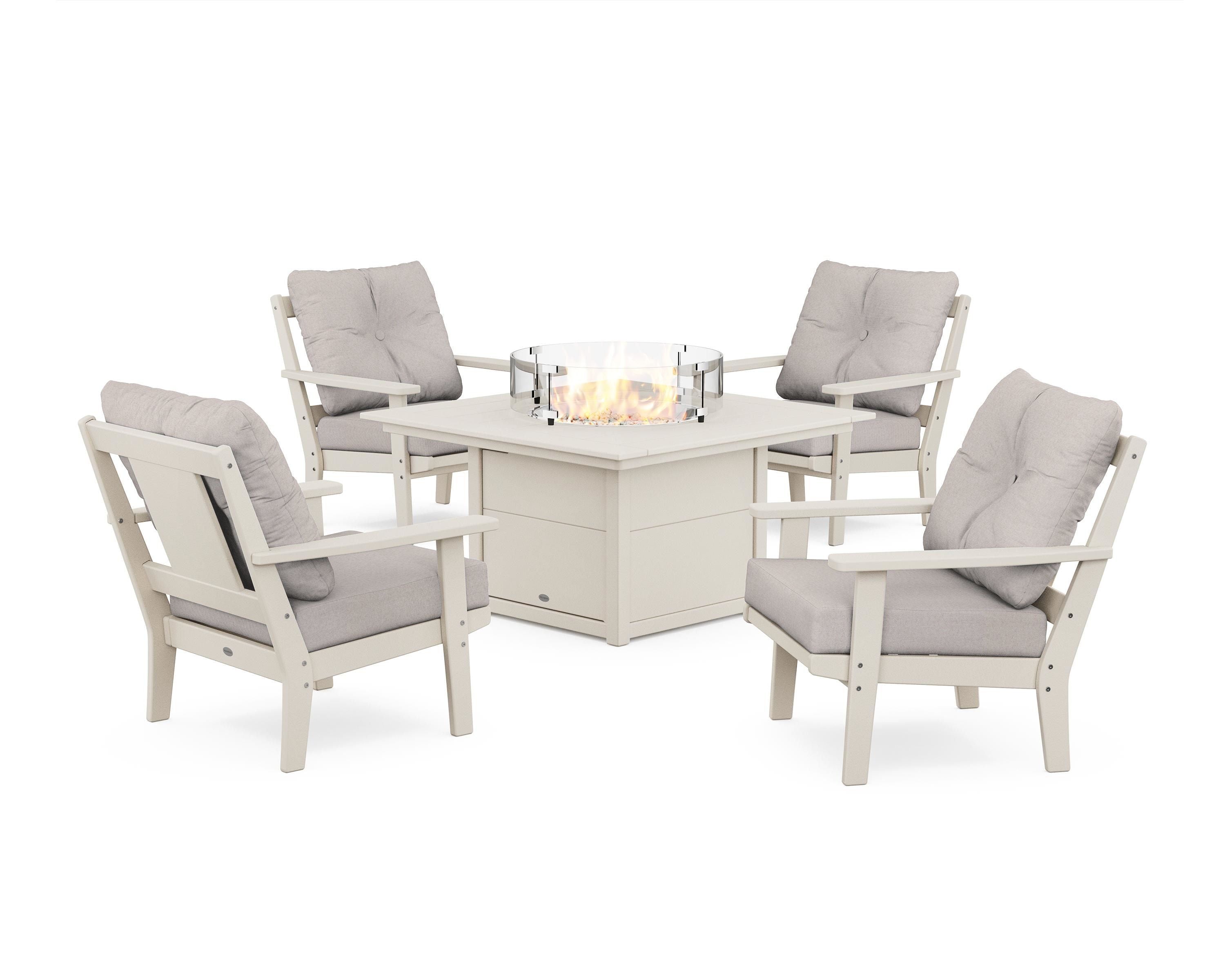 POLYWOOD Prairie 5-Piece Deep Seating Set with Fire Pit Table in Sand / Dune Burlap