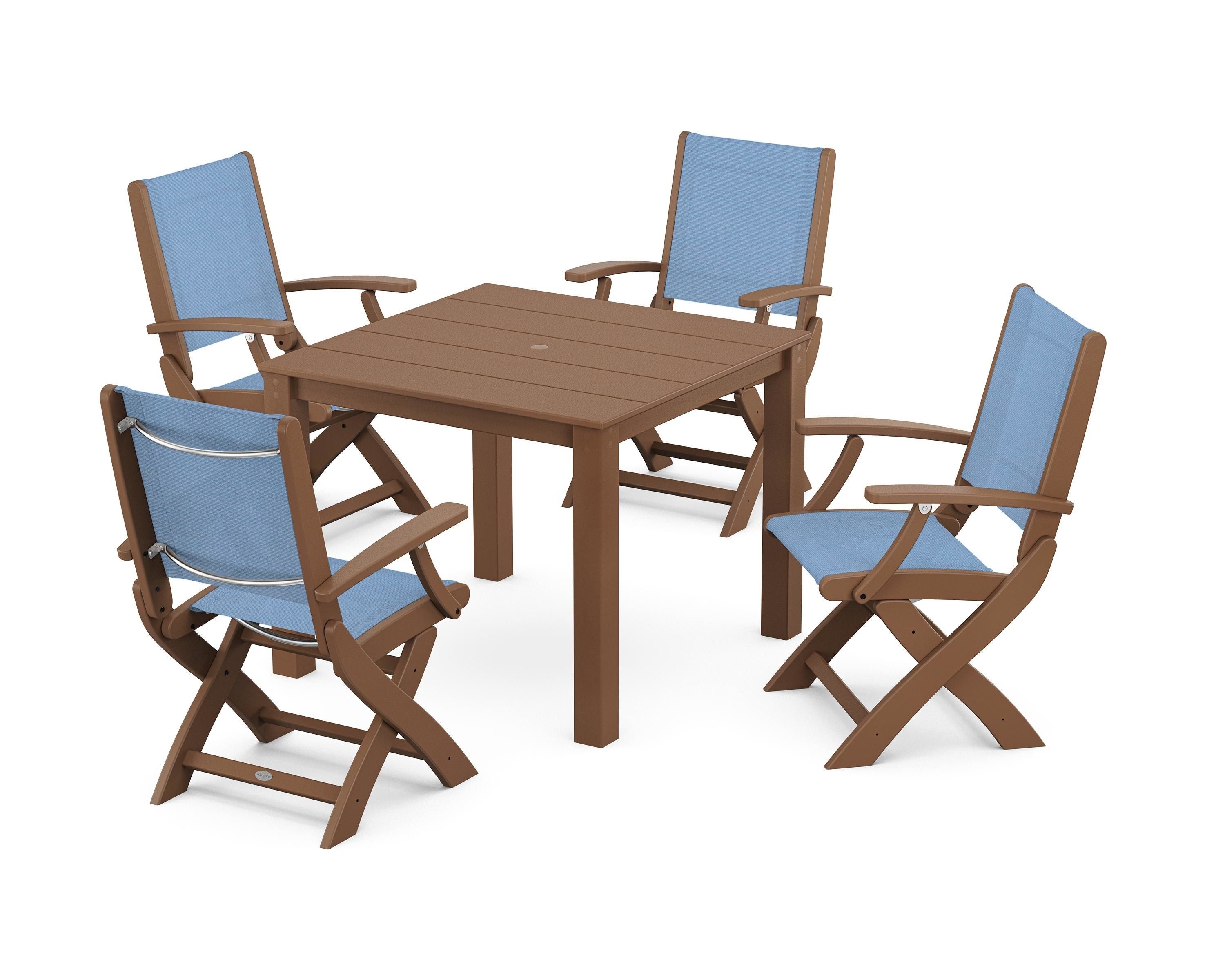 POLYWOOD Coastal Folding Chair 5-Piece Parsons Dining Set in Teak / Poolside Sling