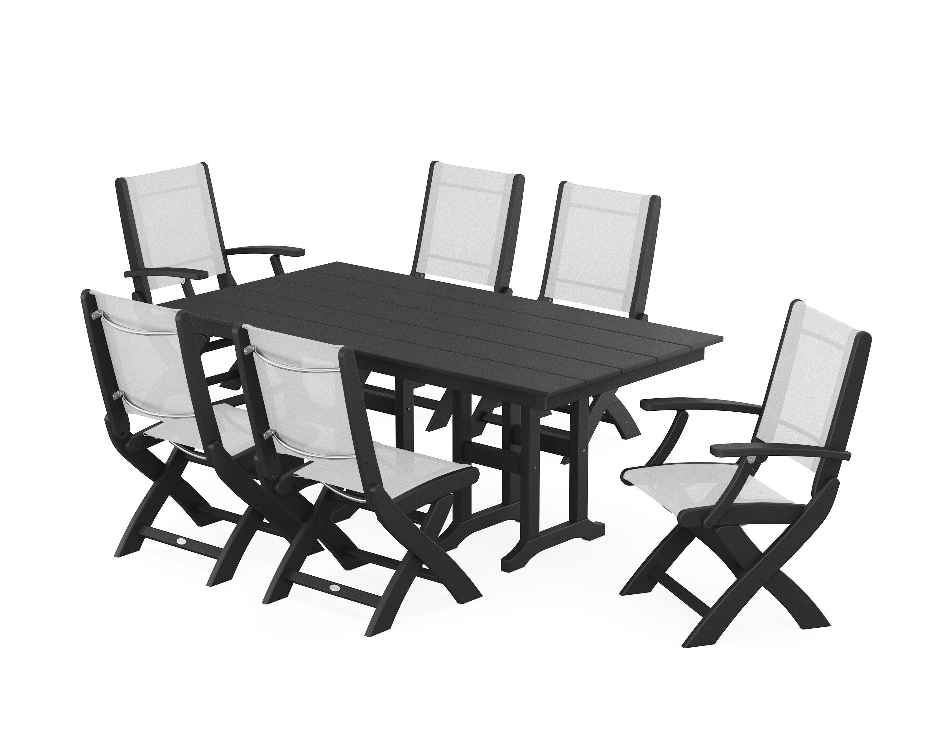 POLYWOOD Coastal Folding Chair 7-Piece Farmhouse Dining Set in Black / White Sling