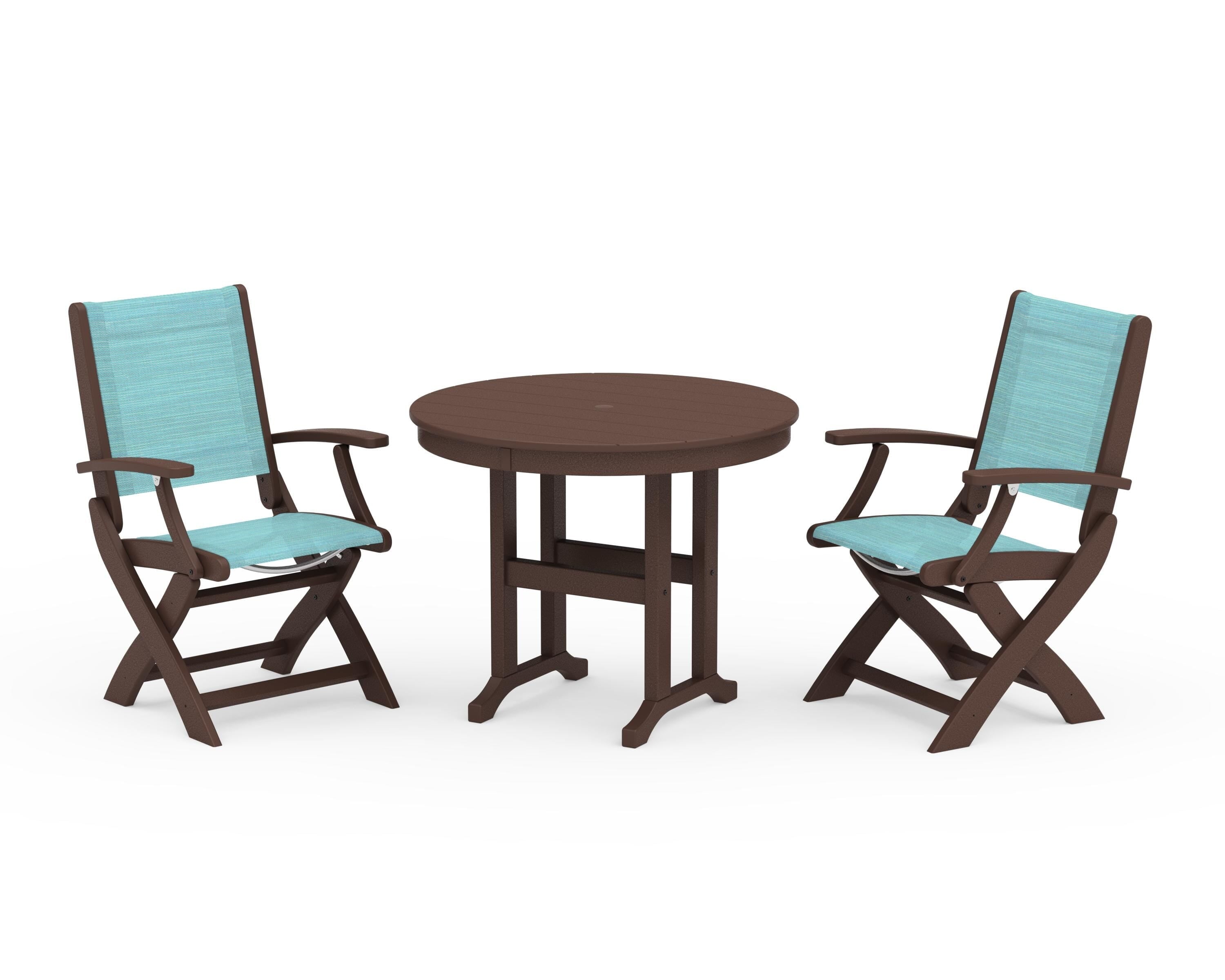 POLYWOOD Coastal Folding Chair 3-Piece Round Dining Set in Mahogany / Dupioni Aquamarine Sling