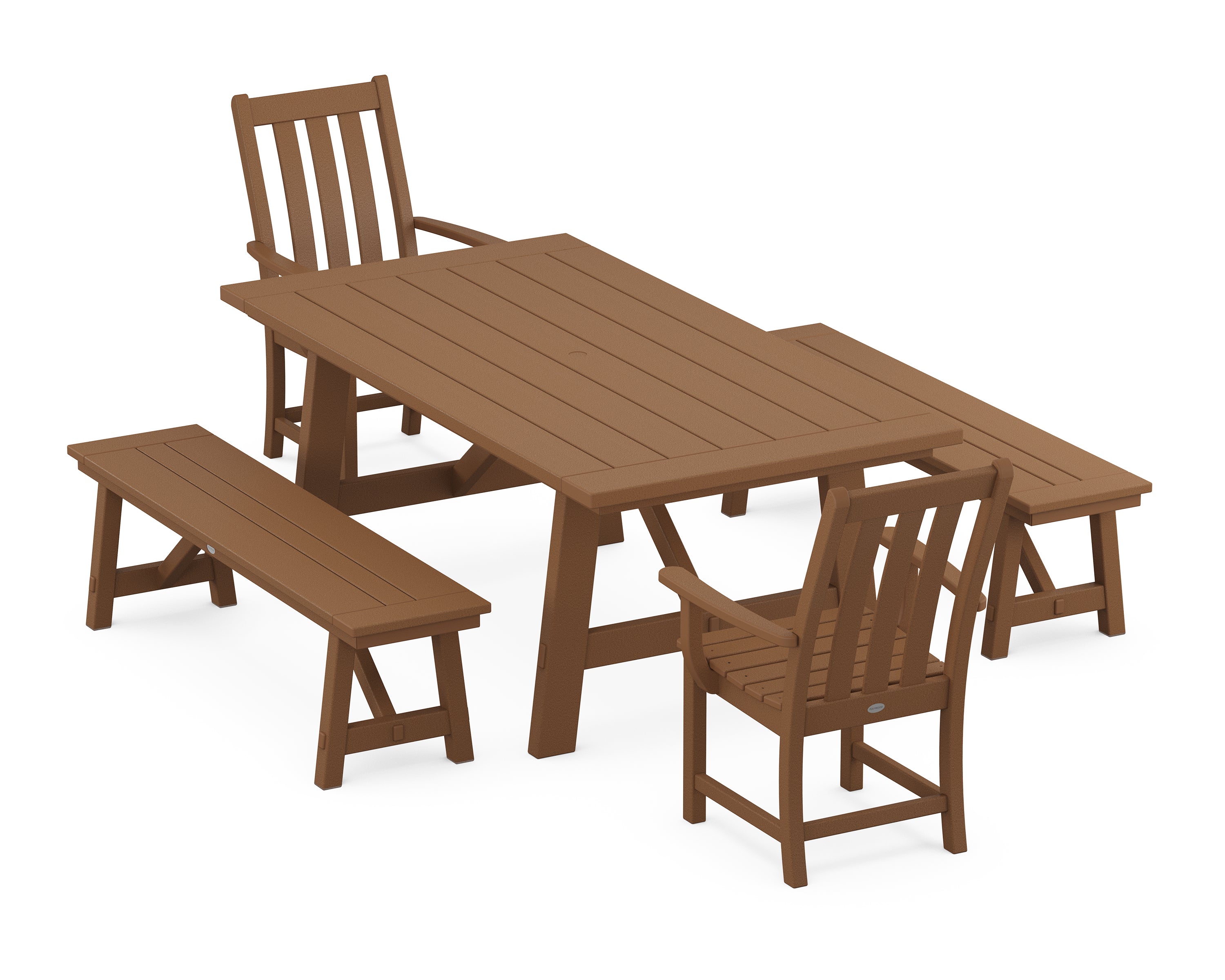 POLYWOOD Vineyard 5-Piece Rustic Farmhouse Dining Set With Benches in Teak