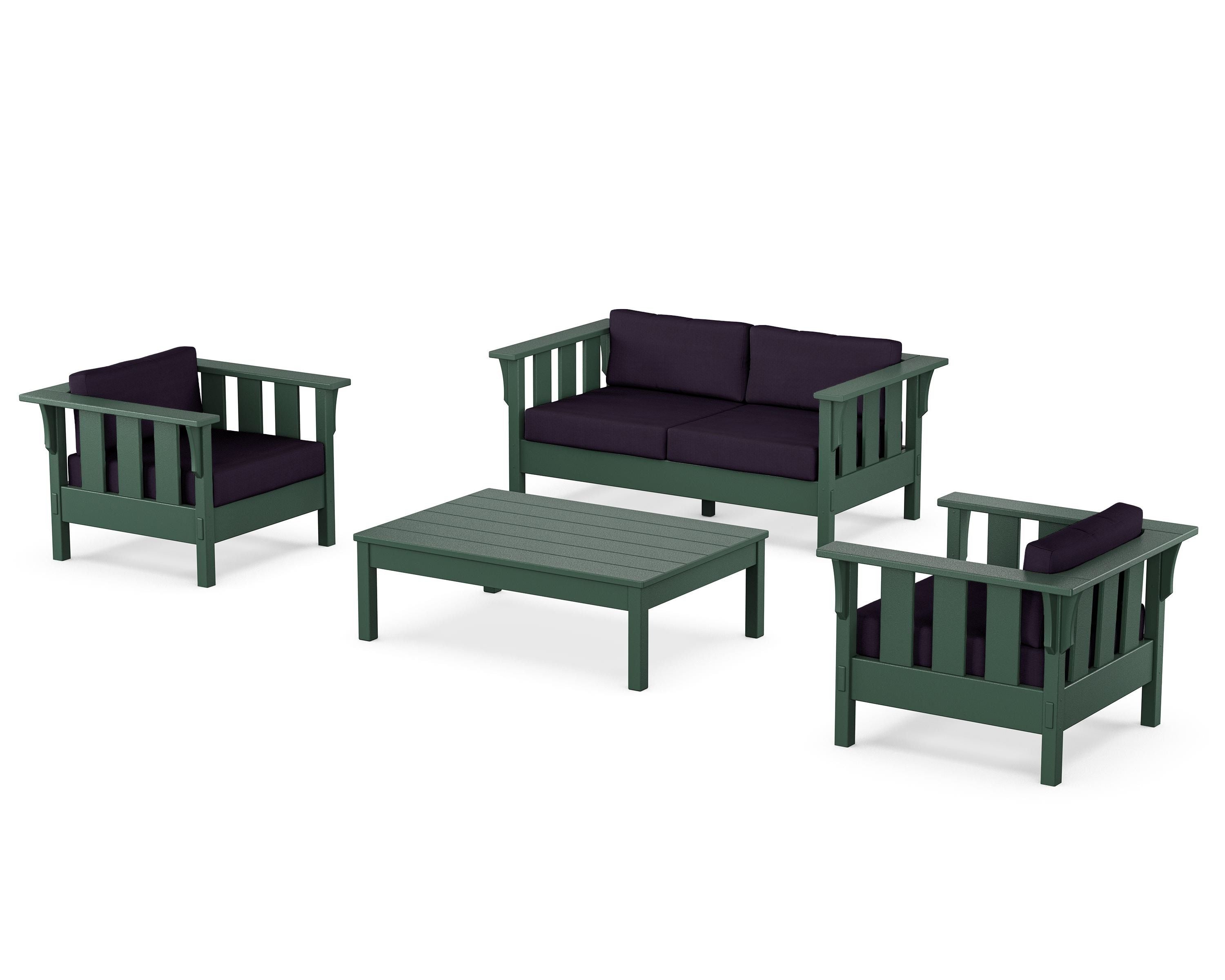Martha Stewart by POLYWOOD Acadia 4-Piece Deep Seating Set with Loveseat in Green / Navy Linen