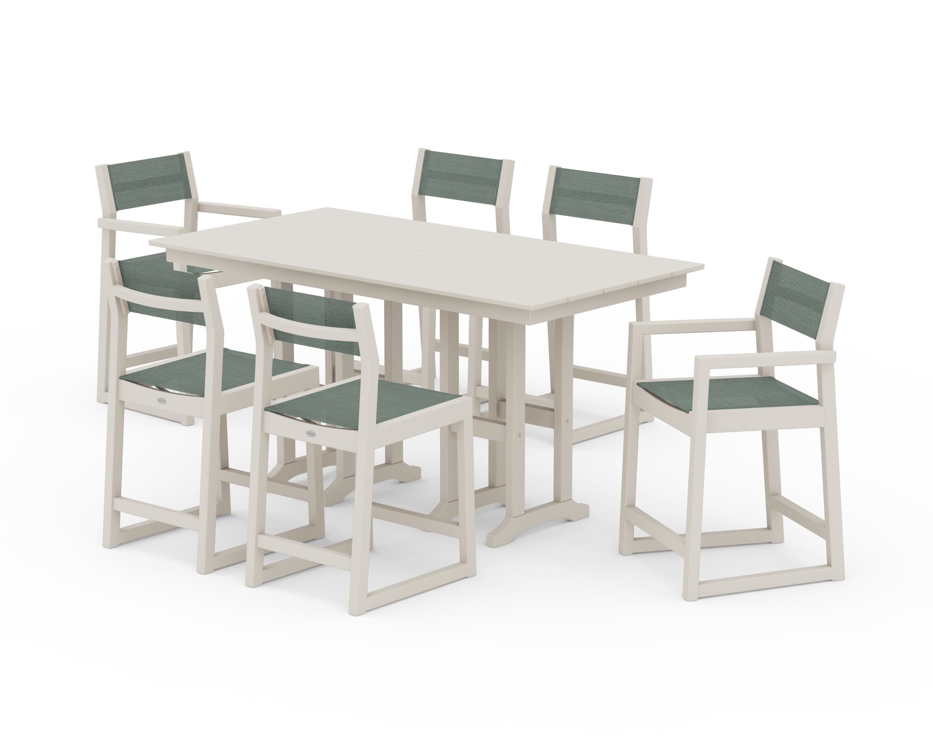 POLYWOOD EDGE Sling 7-Piece Farmhouse Counter Set in Sand / Dupioni Sea Mist Sling