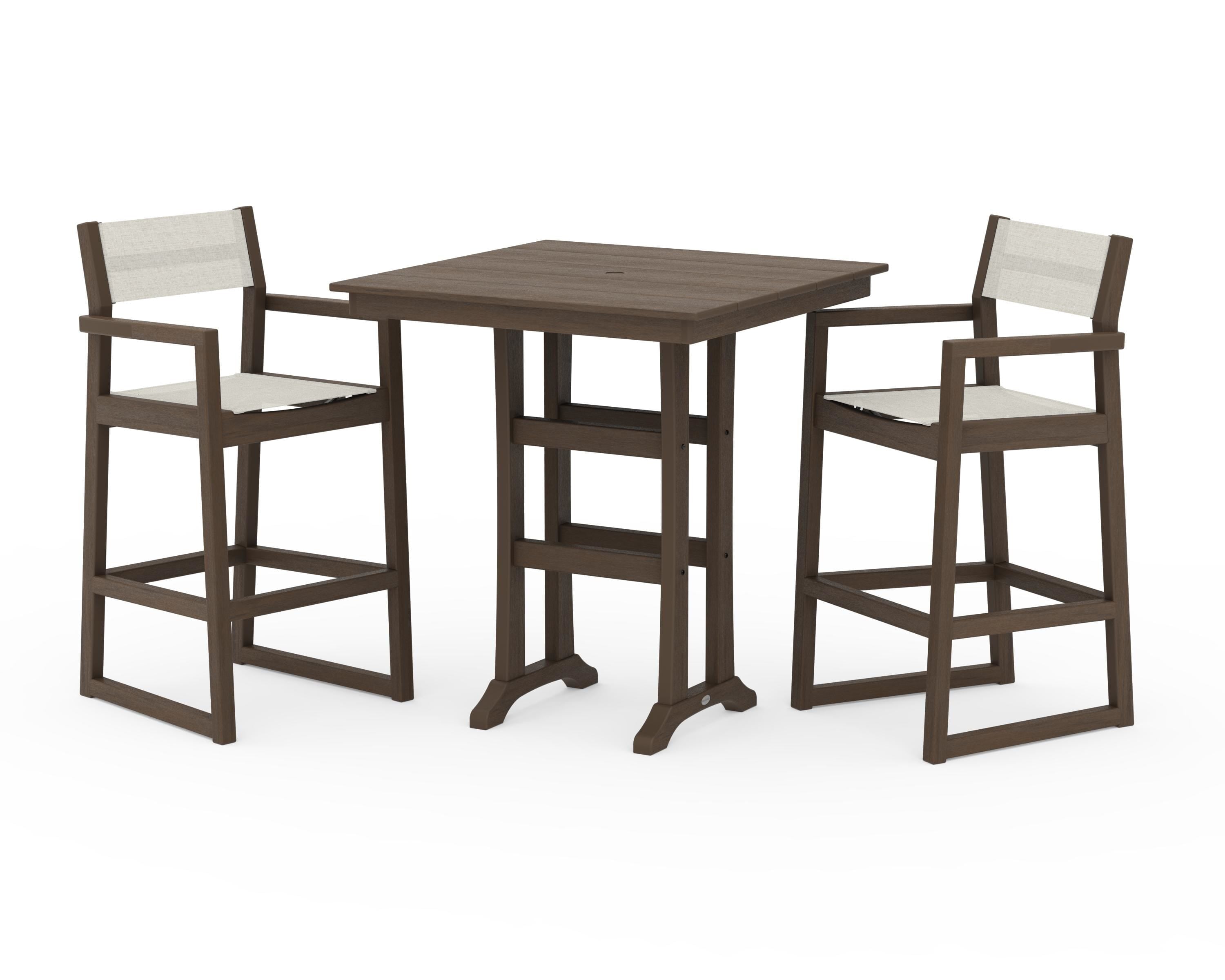 POLYWOOD EDGE Sling Arm Chair 3-Piece Farmhouse Bar Set with Trestle Legs in Kona / Parchment Sling
