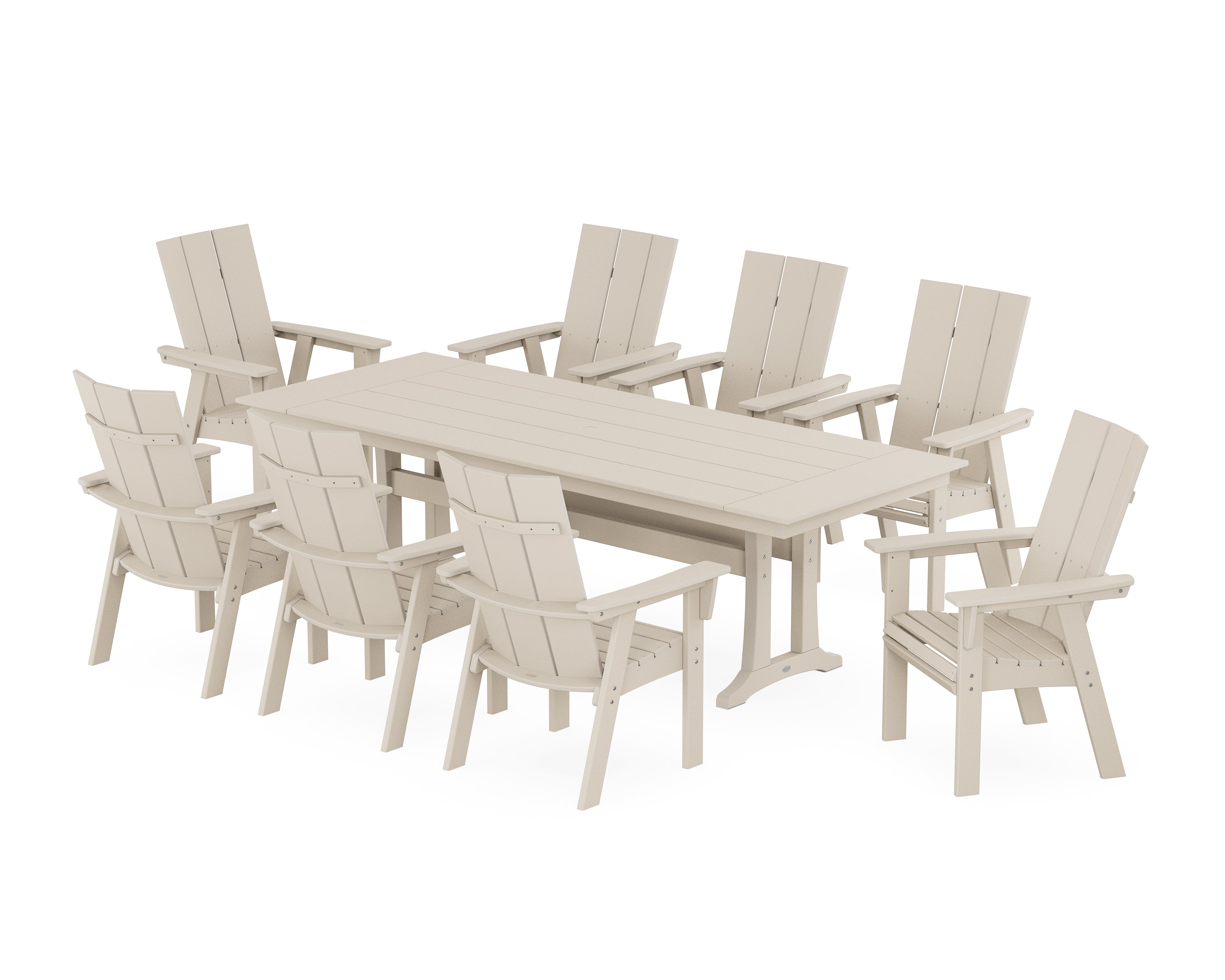 POLYWOOD® Modern Curveback Adirondack 9-Piece Farmhouse Dining Set with Trestle Legs in Sand
