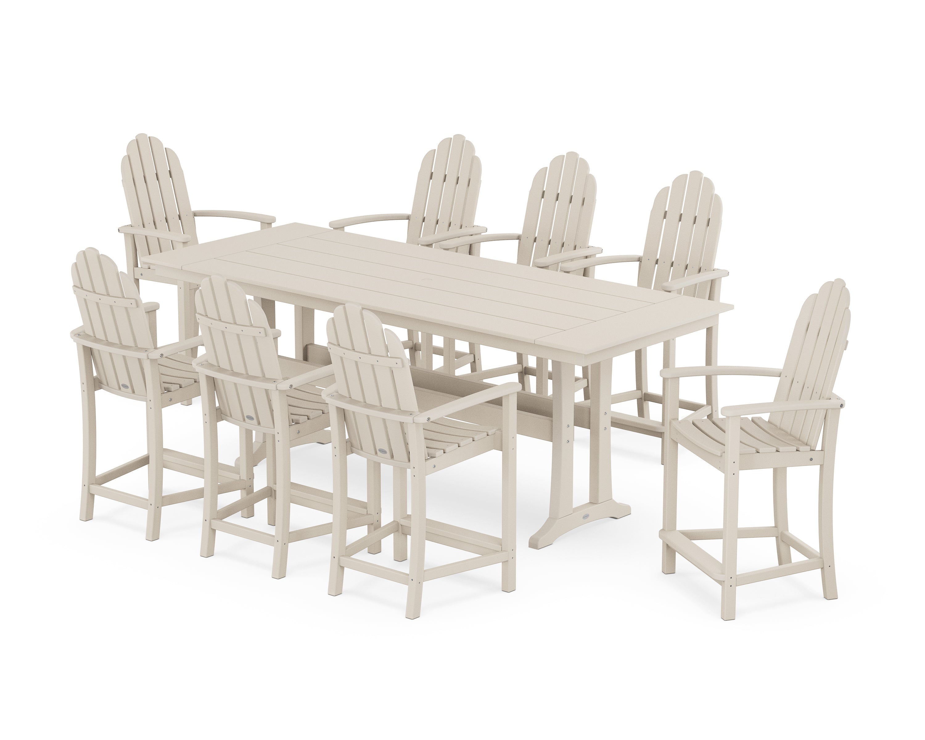 POLYWOOD Classic Adirondack 9-Piece Farmhouse Counter Set with Trestle Legs in Sand