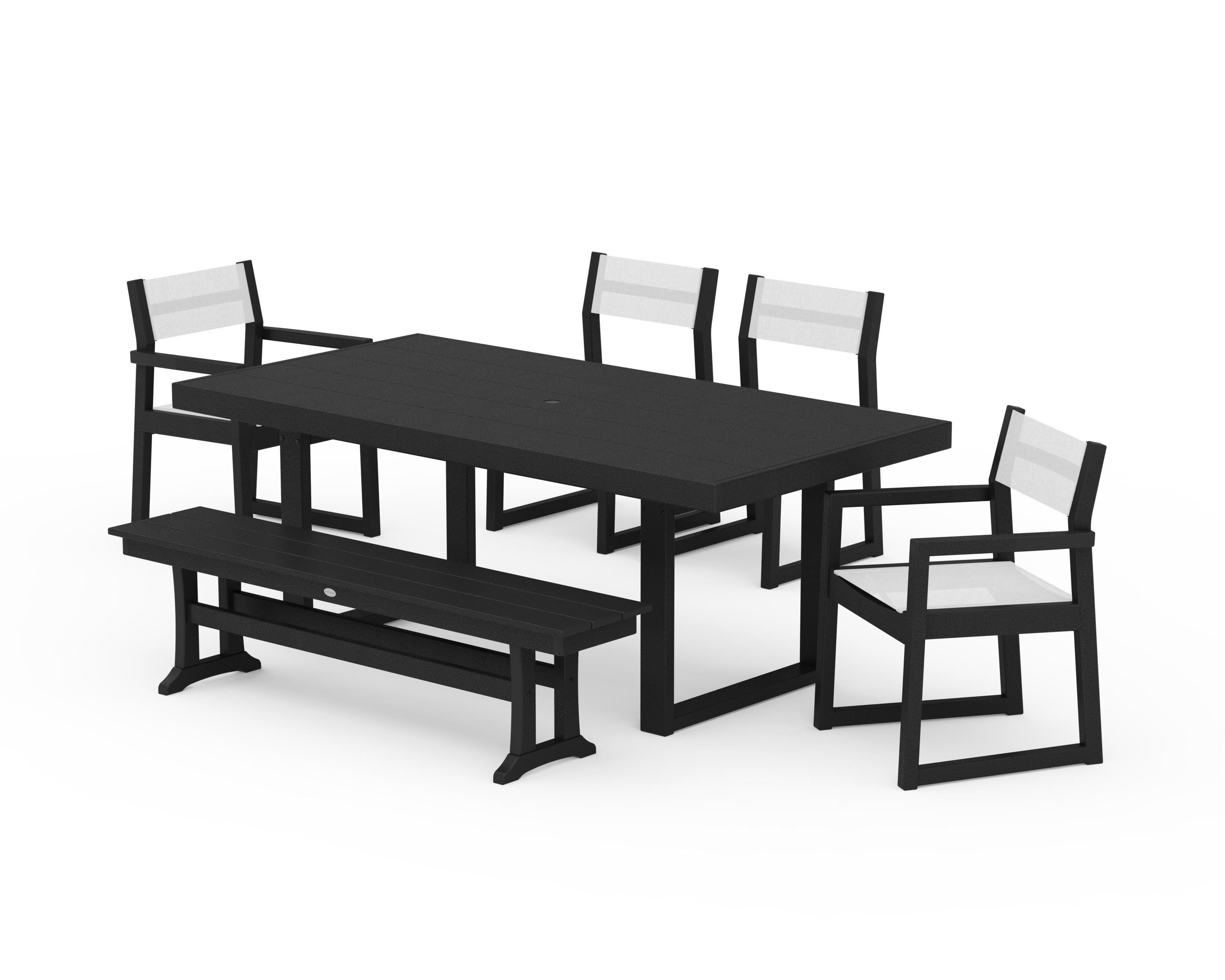 POLYWOOD EDGE Sling 6-Piece Dining Set with Bench in Black / White Sling