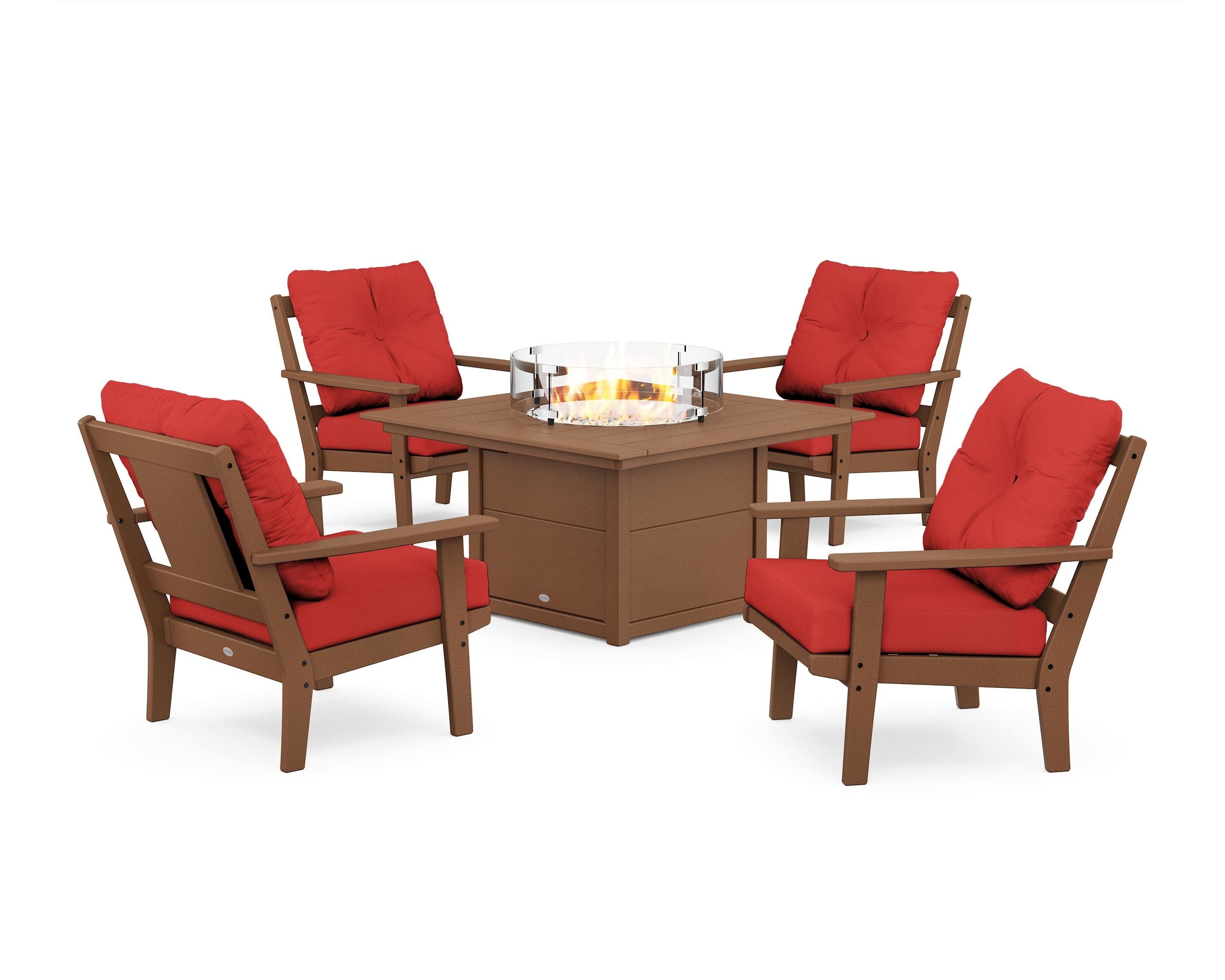 POLYWOOD Prairie 5-Piece Deep Seating Set with Fire Pit Table in Teak / Crimson Linen
