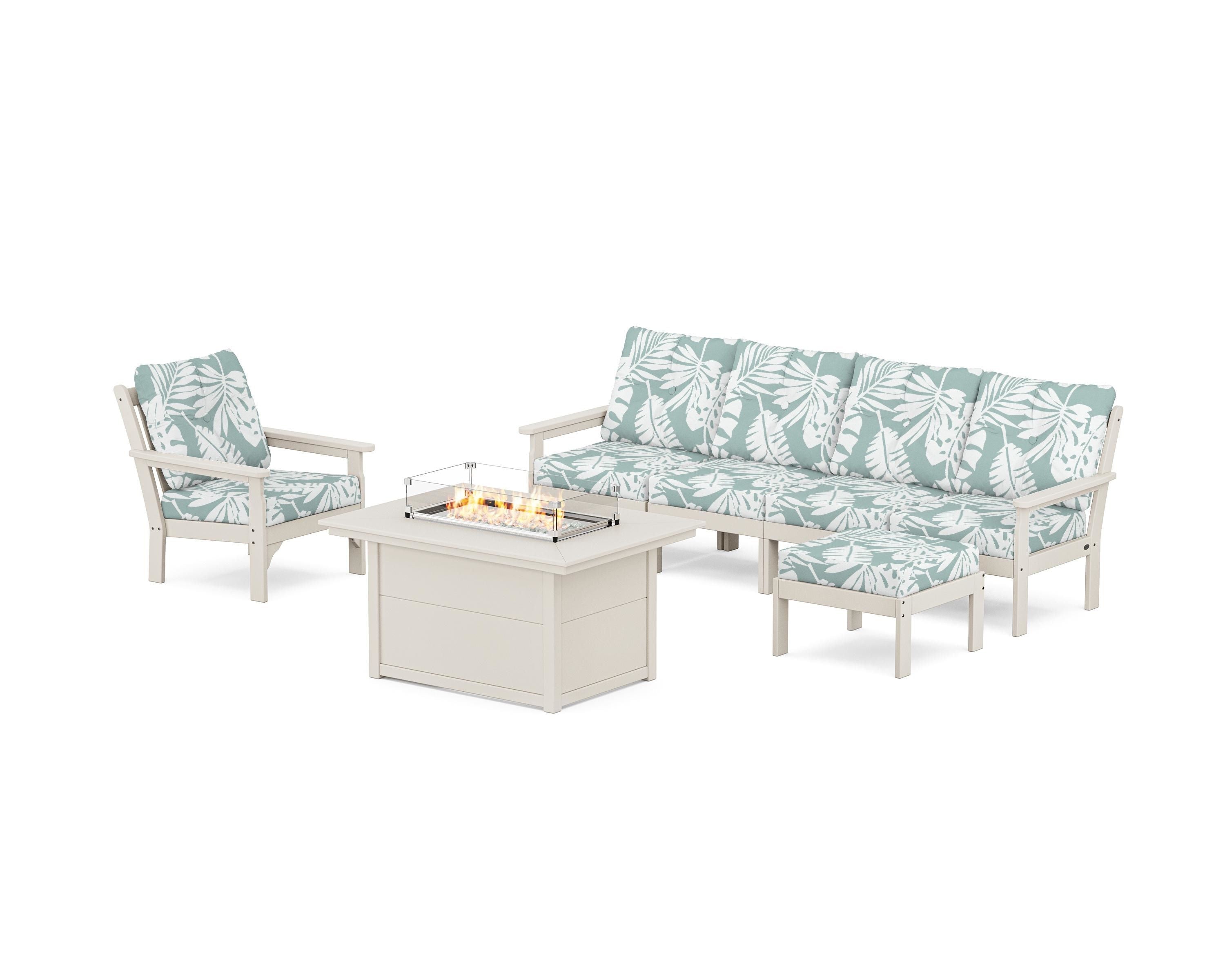 POLYWOOD Vineyard Sectional Lounge and Fire Pit Set in Sand / Leaf Glacier Spa