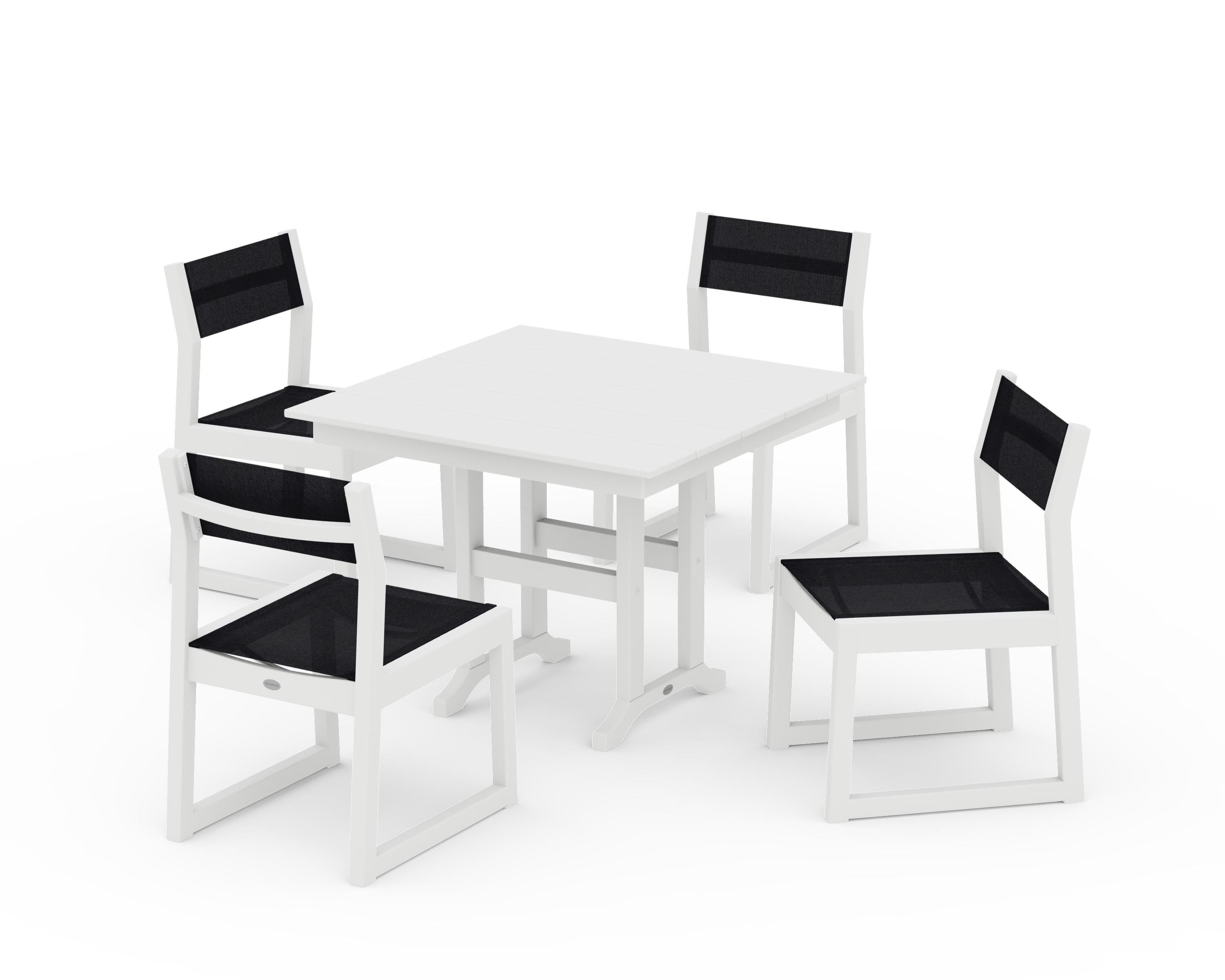 POLYWOOD EDGE Sling Side Chair 5-Piece Farmhouse Dining Set in White / Black Sling