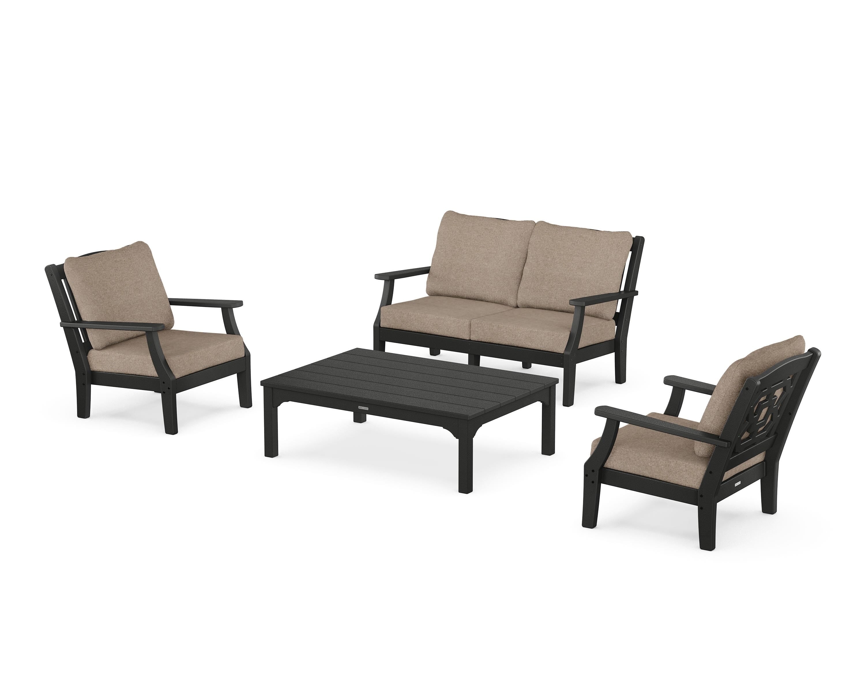 Martha Stewart by POLYWOOD Chinoiserie 4-Piece Deep Seating Set with Loveseat in Black / Spiced Burlap