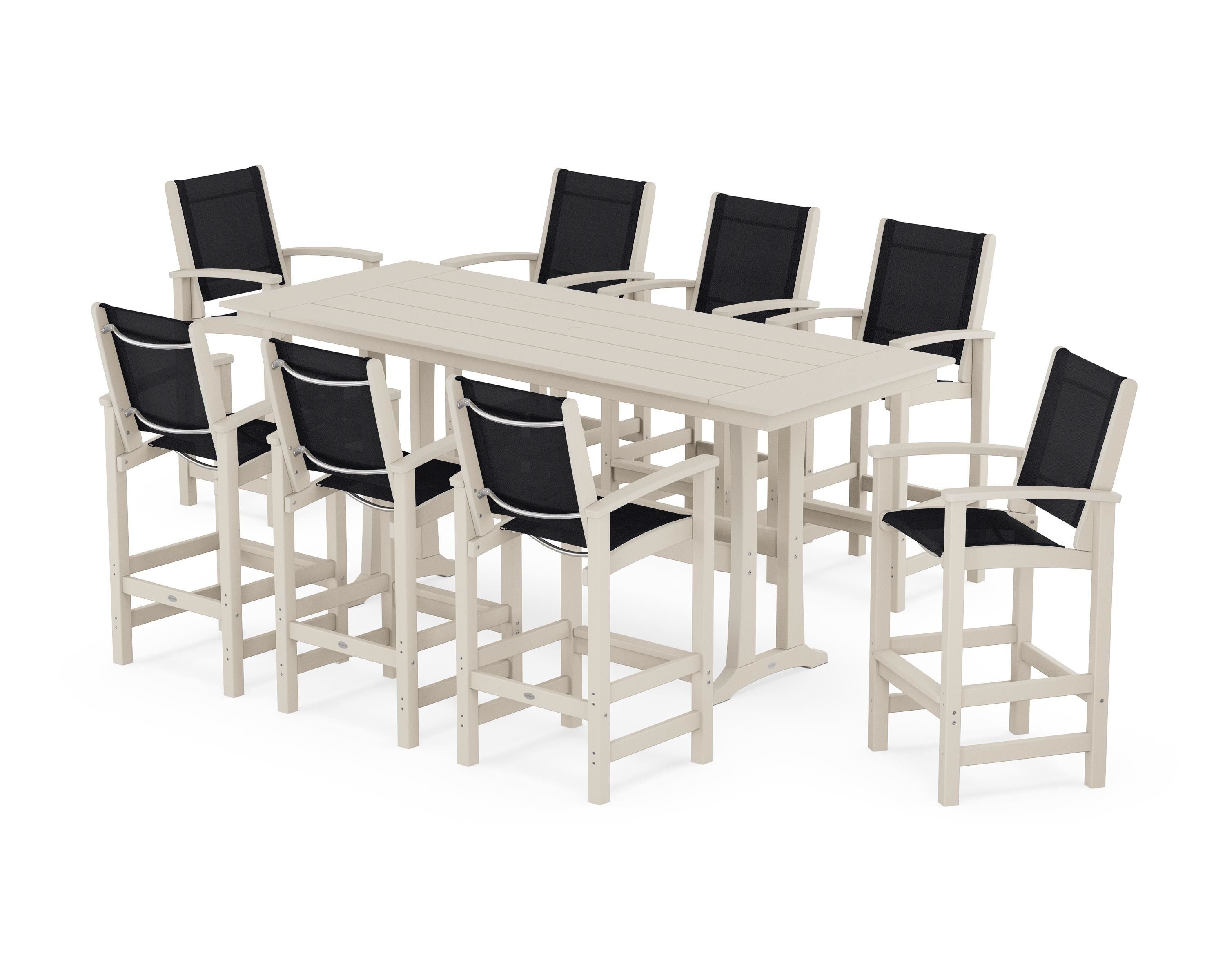 POLYWOOD Coastal 9-Piece Farmhouse Bar Set with Trestle Legs in Sand / Black Sling