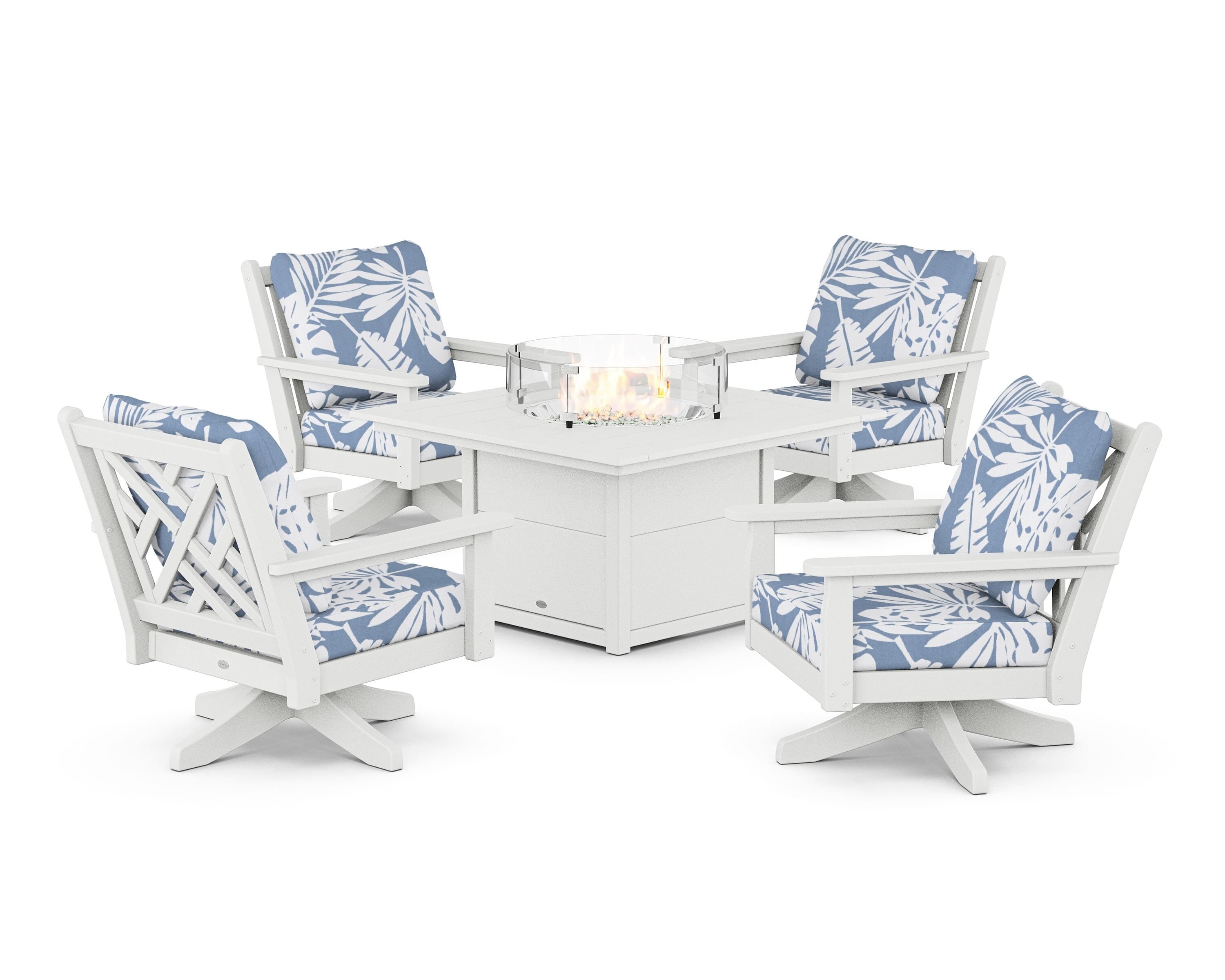 POLYWOOD Chippendale 5-Piece Deep Seating Swivel Conversation Set with Fire Pit Table in White / Leaf Sky Blue
