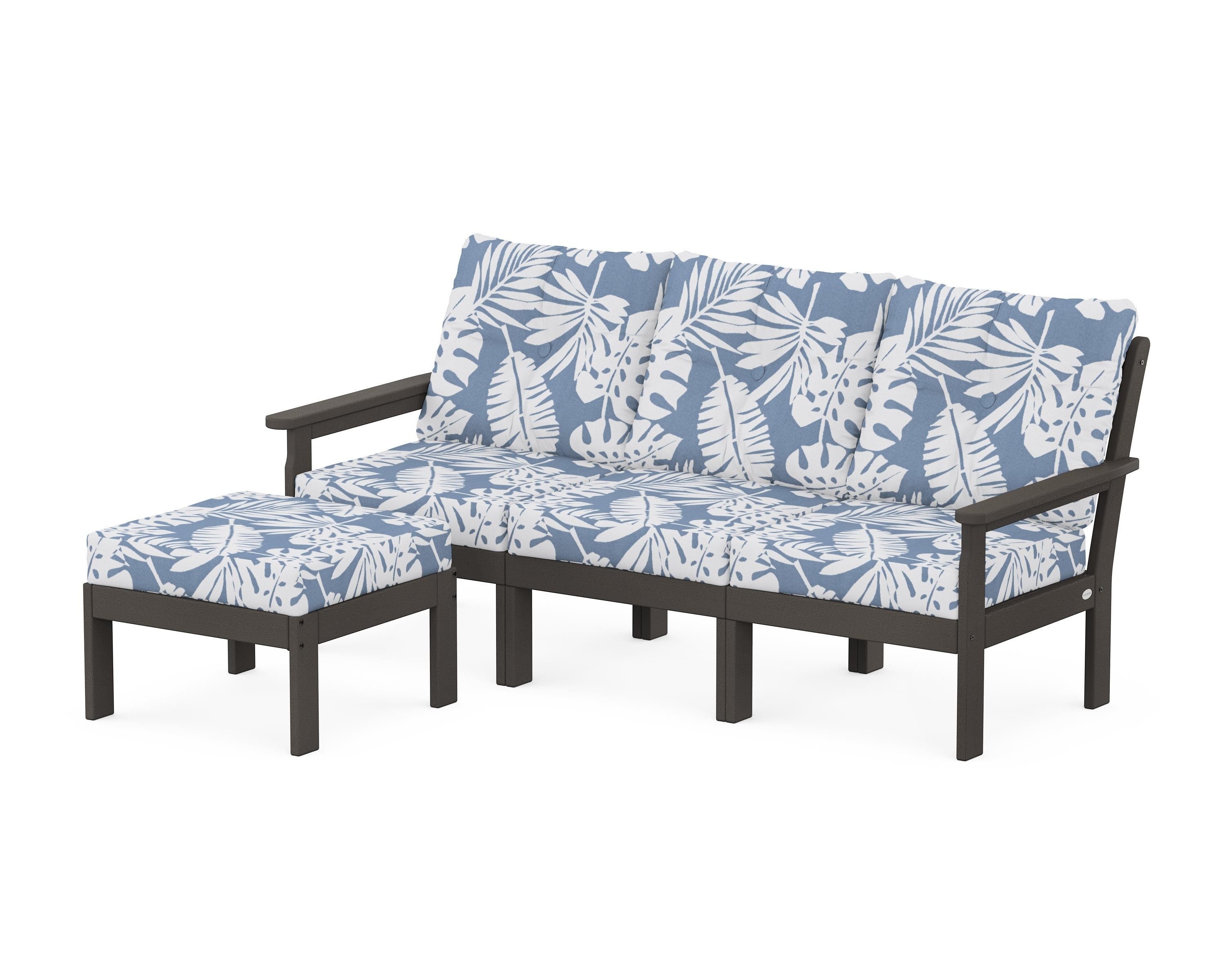 POLYWOOD Vineyard 4-Piece Sectional with Ottoman in Vintage Coffee / Leaf Sky Blue