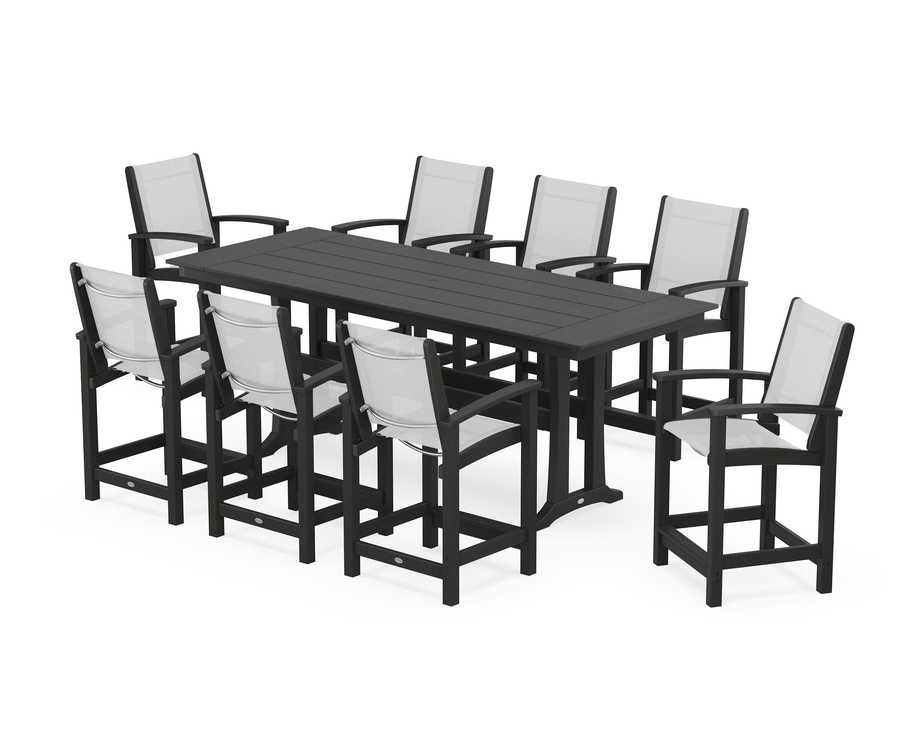 POLYWOOD Coastal 9-Piece Farmhouse Counter Set with Trestle Legs in Black / White Sling