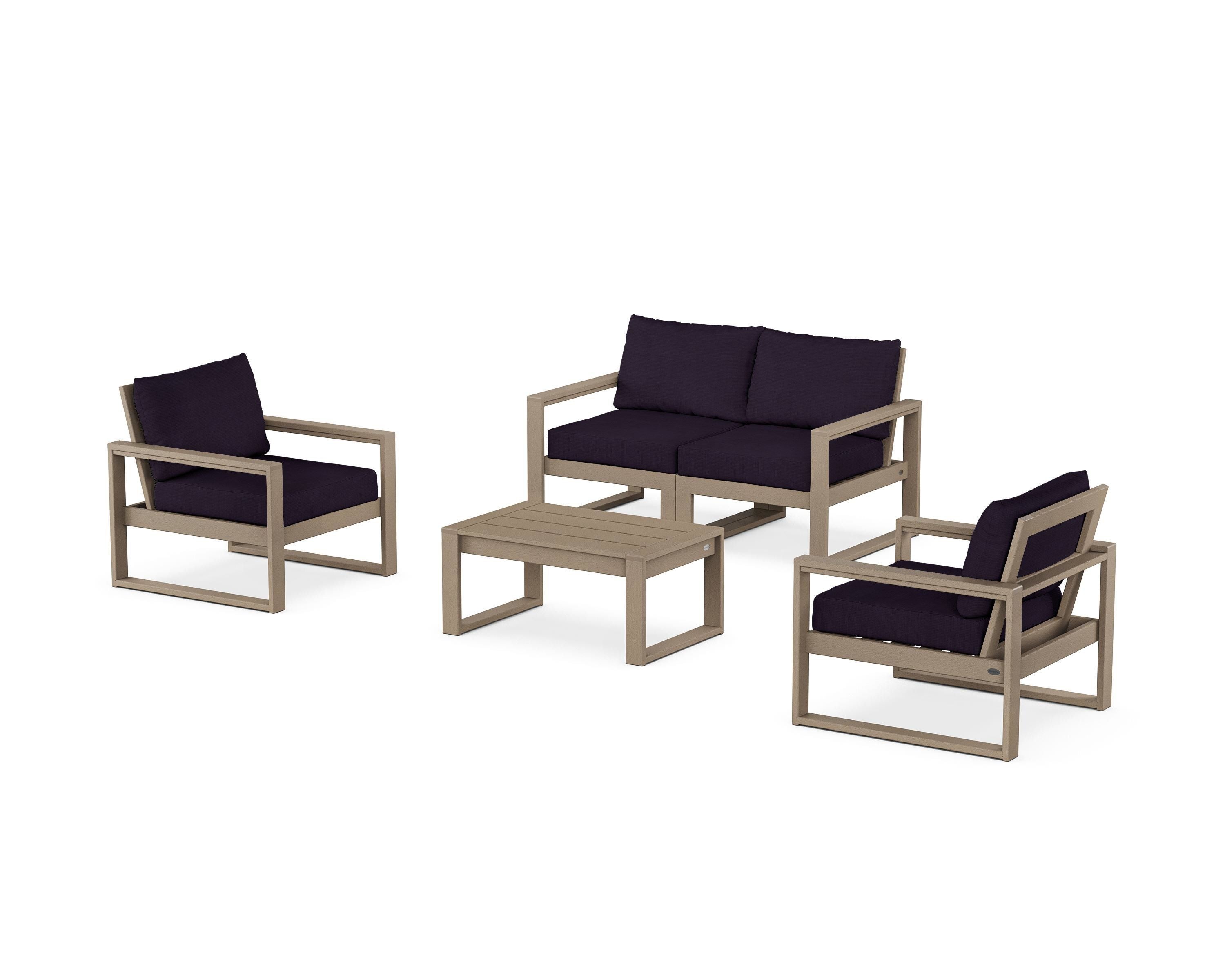 POLYWOOD EDGE Sectional 4-Piece Deep Seating Set with Loveseat in Vintage Sahara / Navy Linen