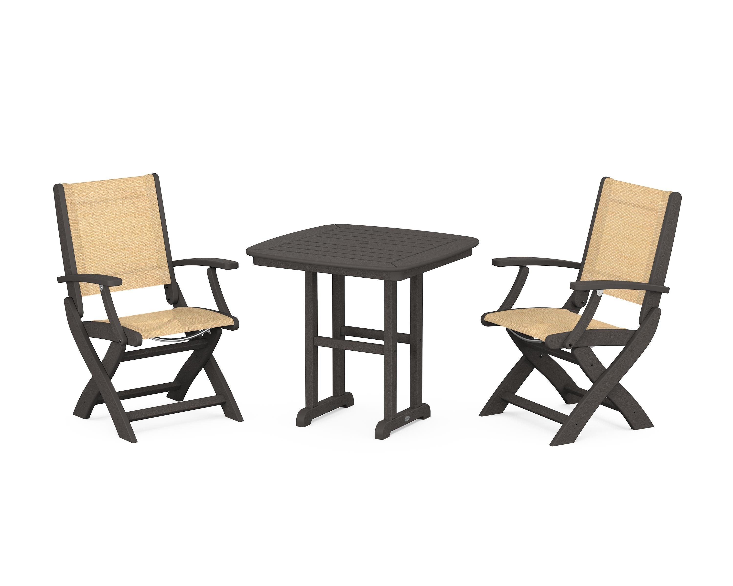 POLYWOOD Coastal Folding Chair 3-Piece Dining Set in Vintage Coffee / Dupioni Apricot Sling