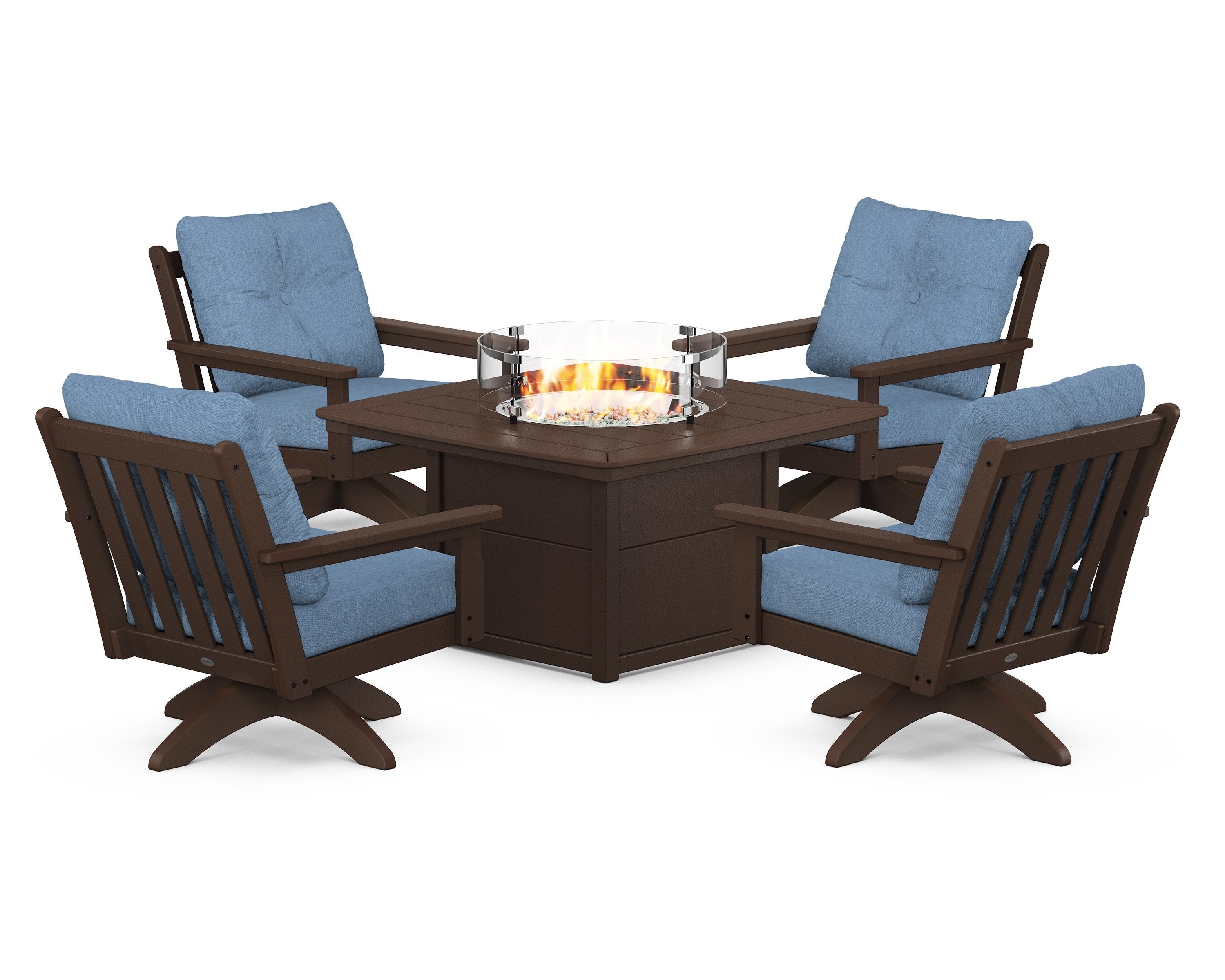 POLYWOOD Vineyard 5-Piece Deep Seating Swivel Conversation Set with Fire Pit Table in Mahogany / Sky Blue