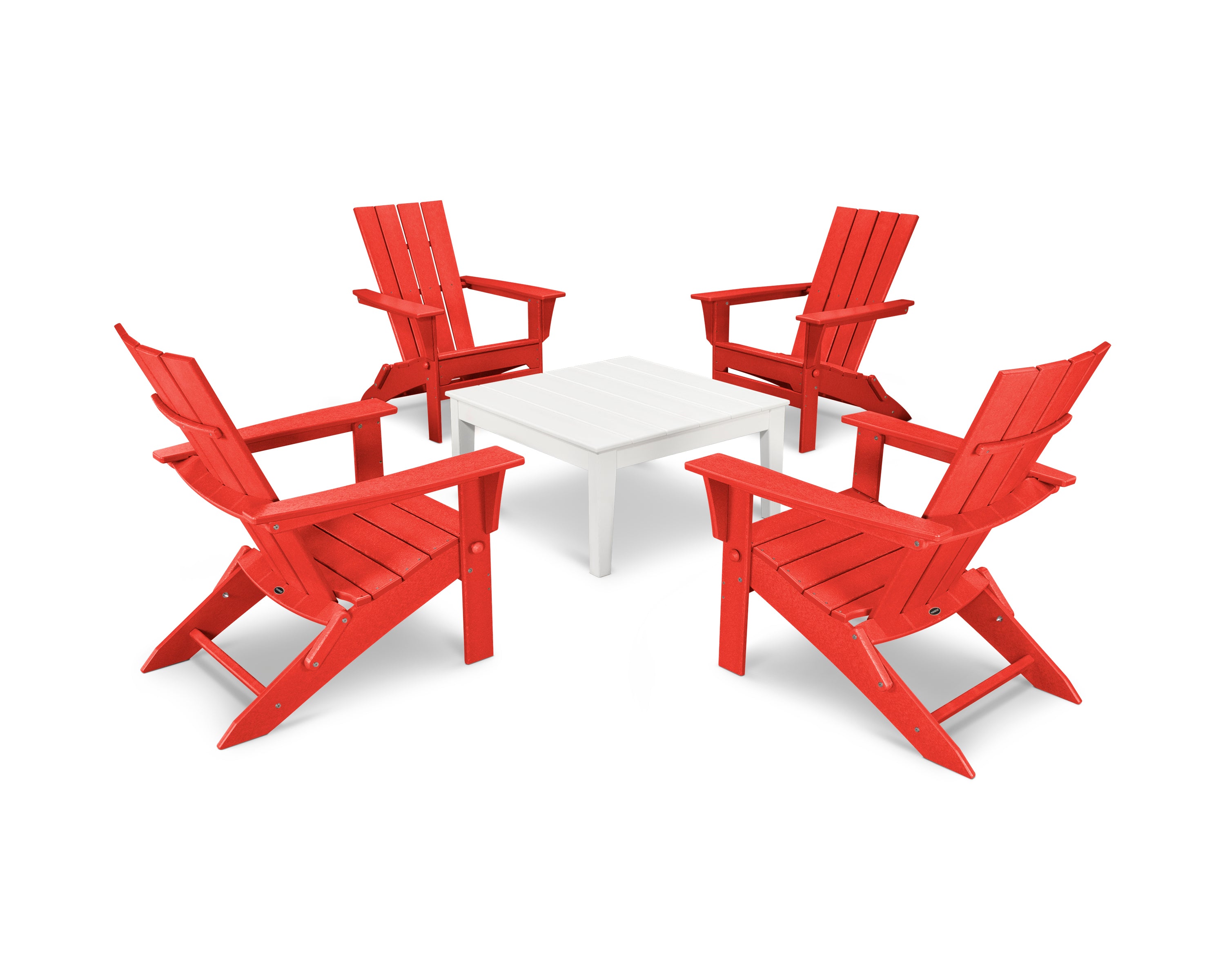 POLYWOOD Quattro Folding Chair 5-Piece Conversation Set in Sunset Red / White
