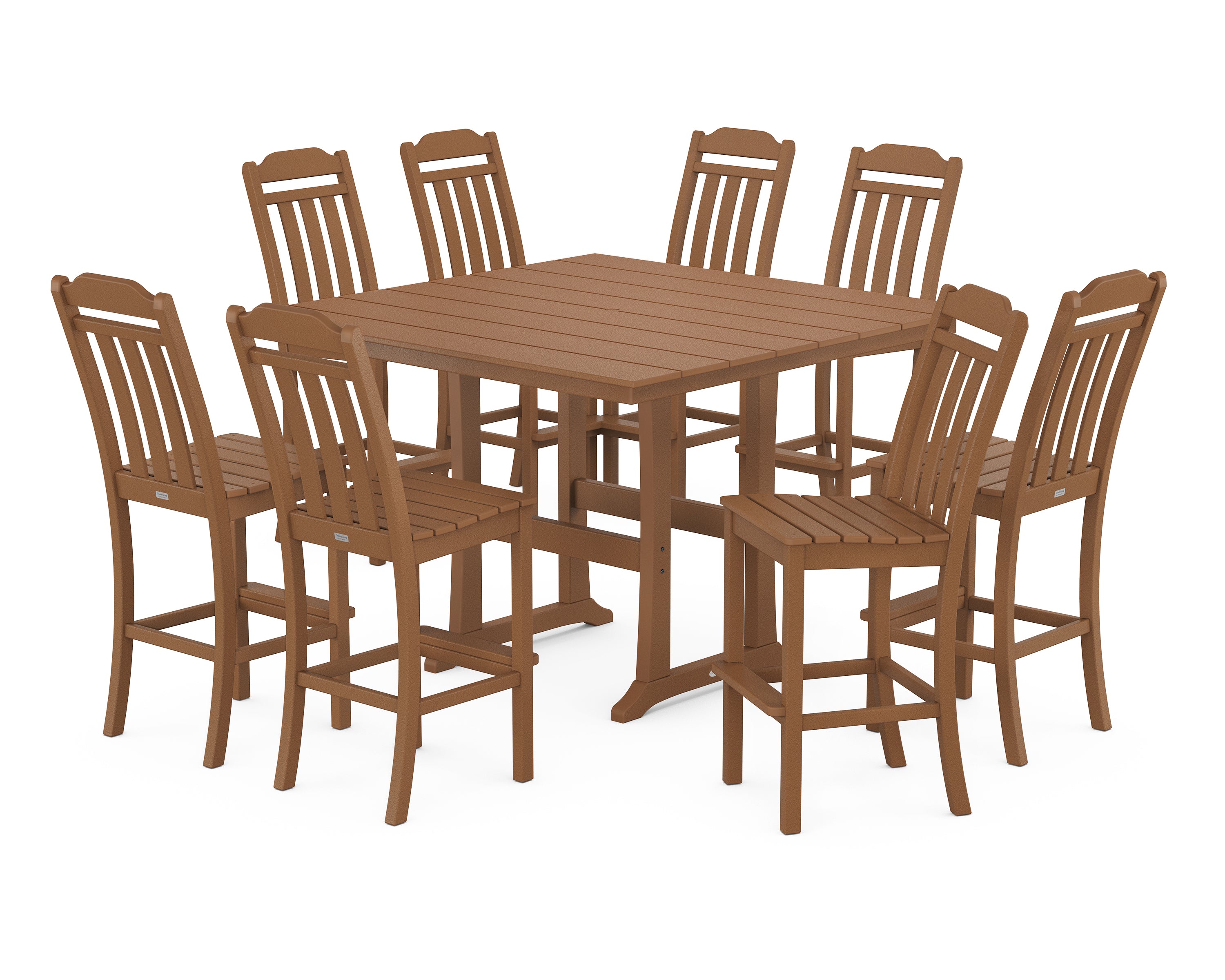 Country Living Cottage 9-Piece Square Farmhouse Side Chair Bar Set with Trestle Legs in Teak